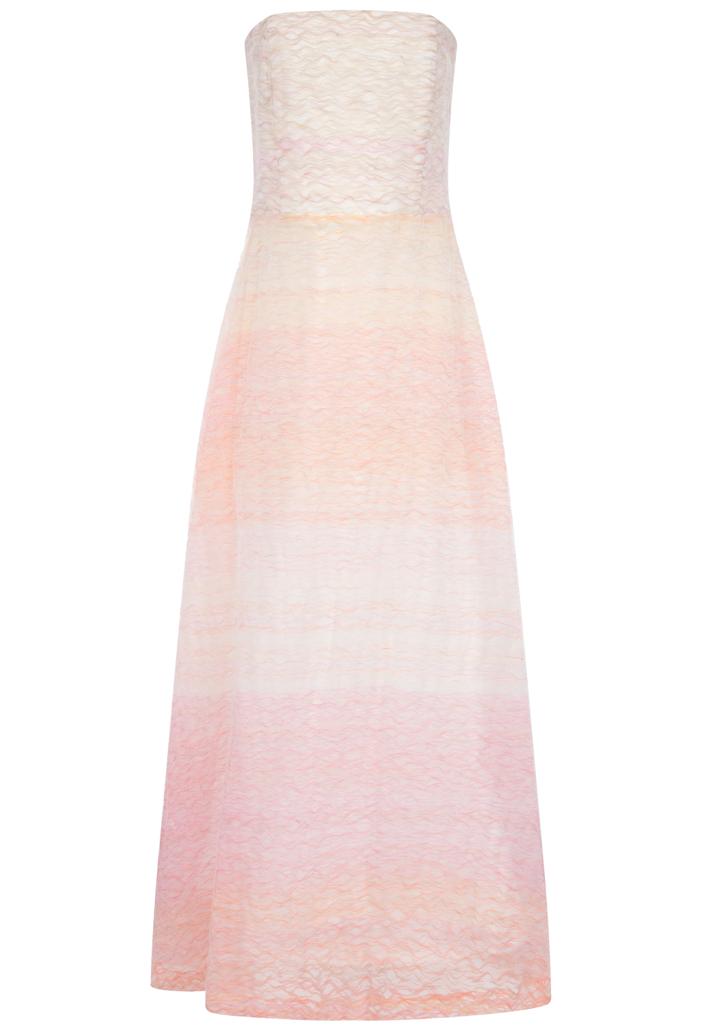 a strapless pink white and orange maxi dress
