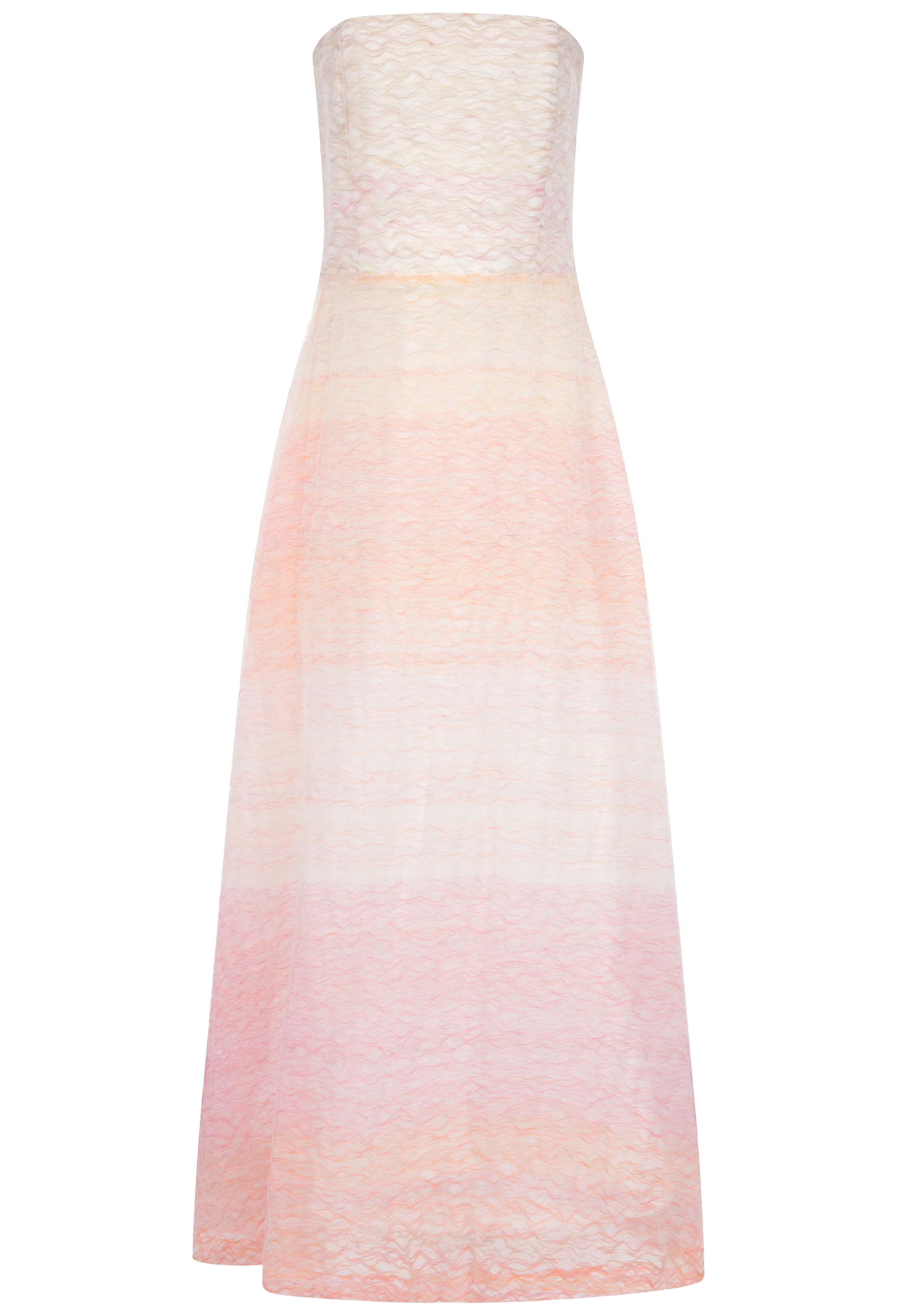 a strapless pink white and orange maxi dress