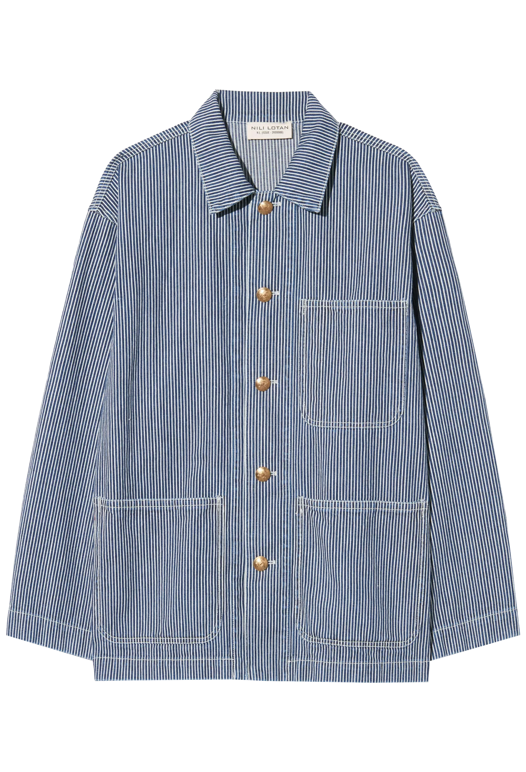 oversized blue and white striped jacket on a white background