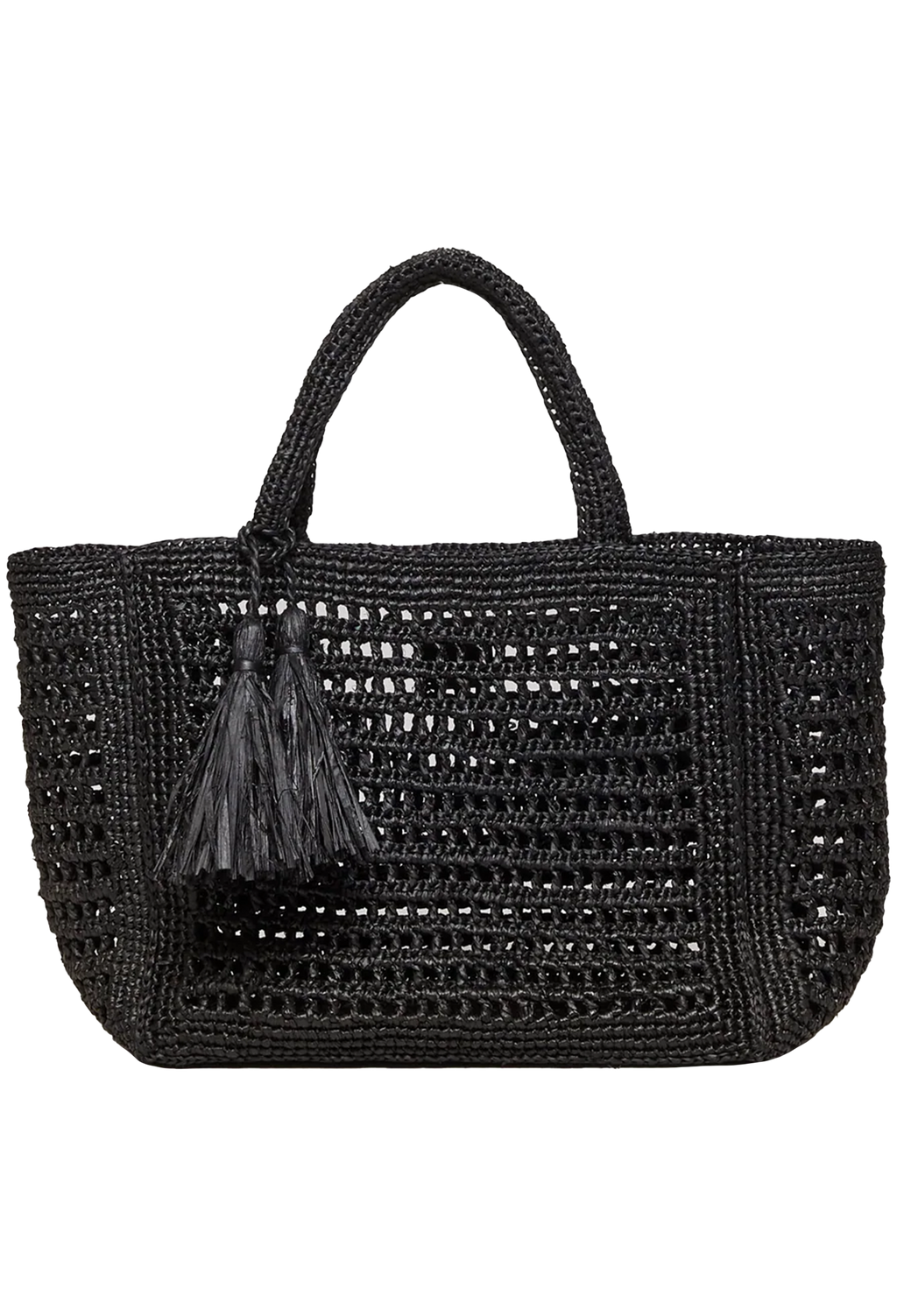 black straw tote bag on a white background
