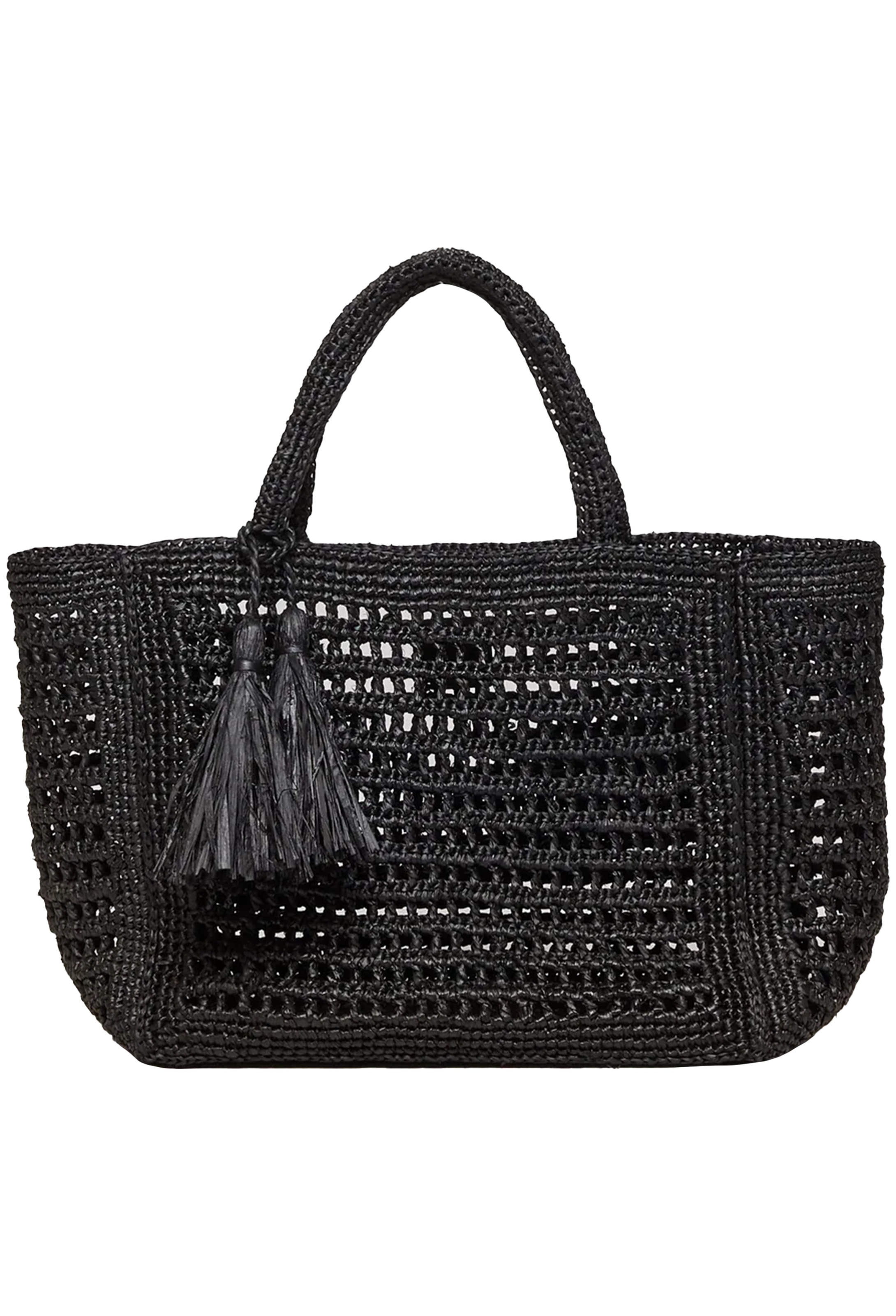 black straw tote bag on a white background