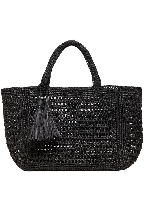 black straw tote bag on a white background