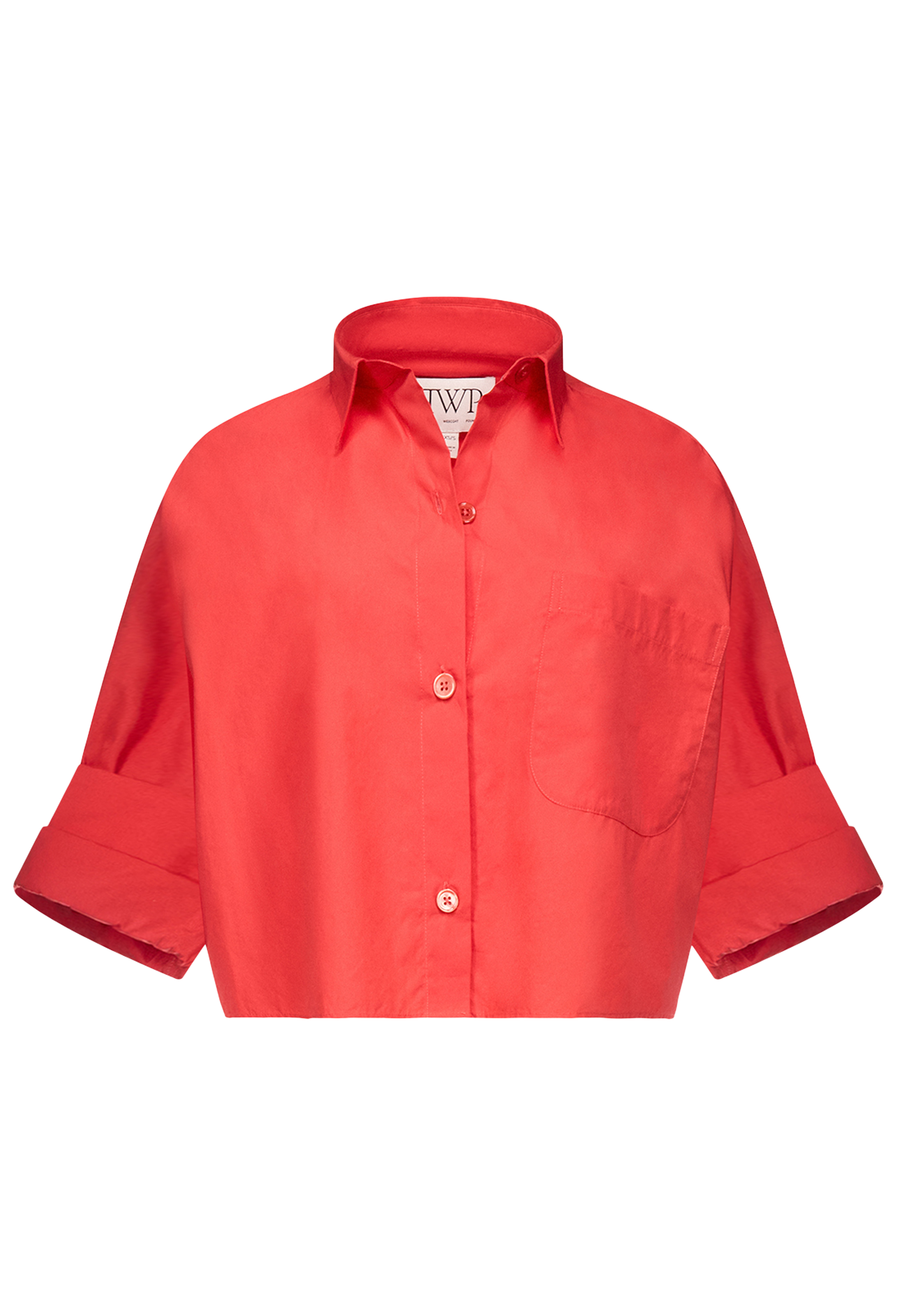 boxy cropped red button up shirt on a white background