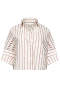 boxy cropped button up shirt with white and red stripes on a white background