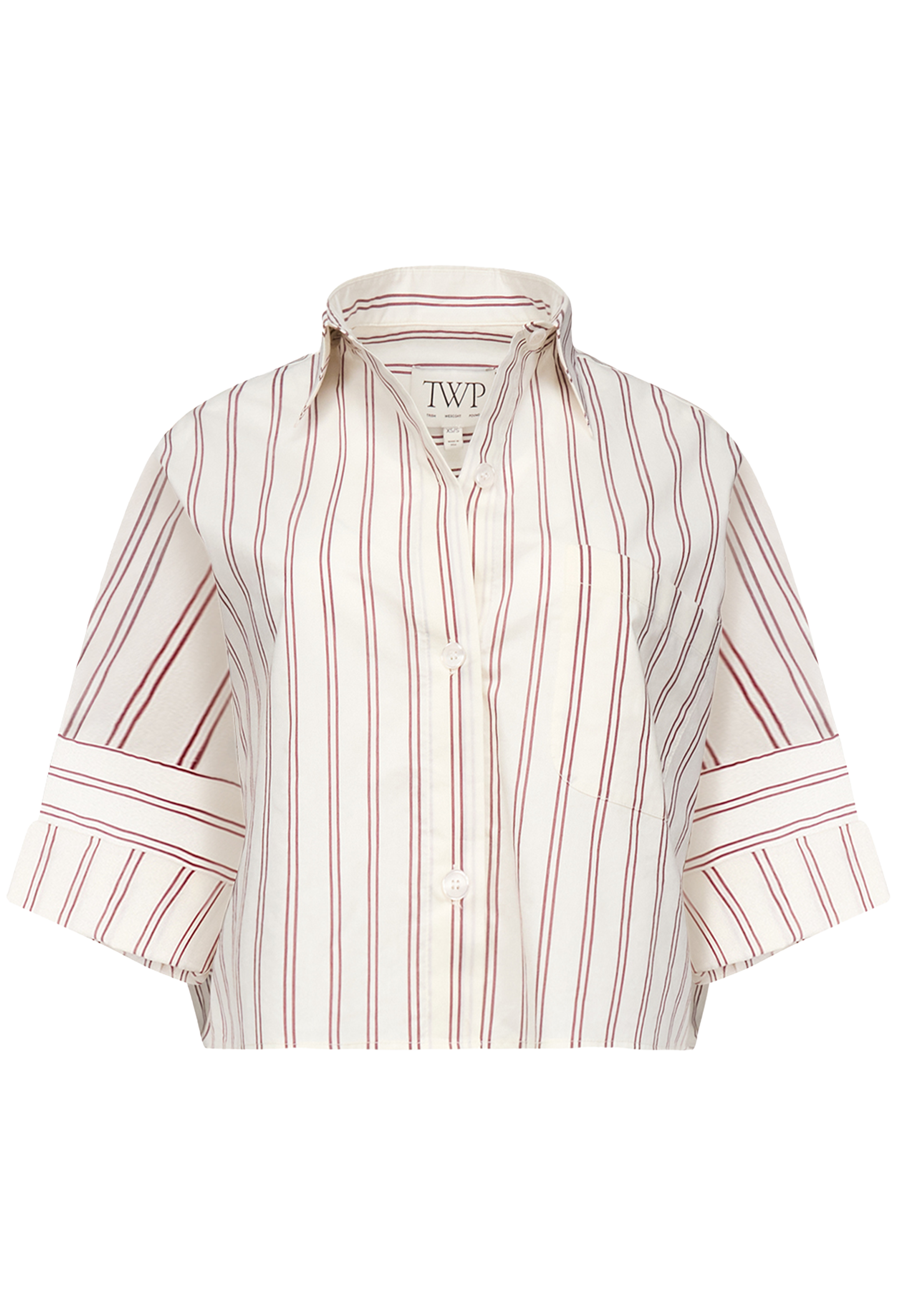 boxy cropped button up shirt with white and red stripes on a white background