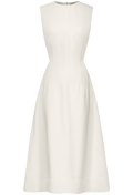 sleeveless white midi dress with accentuated waist on a white background