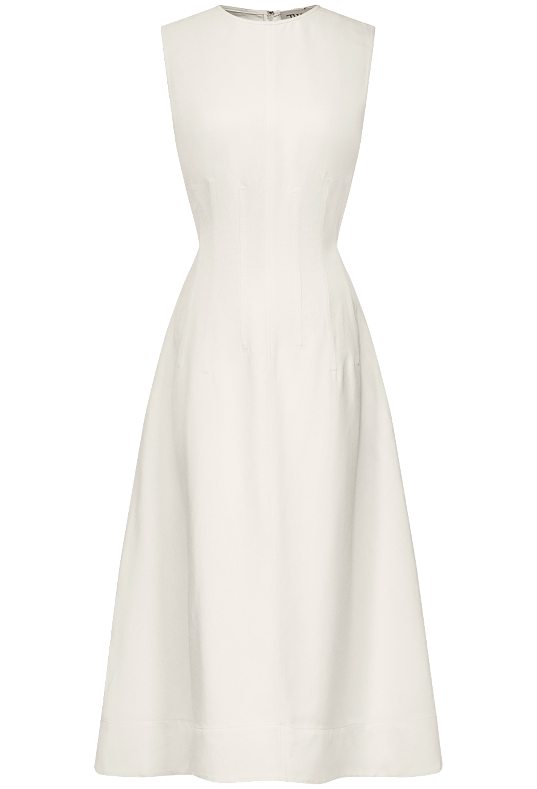 sleeveless white midi dress with accentuated waist on a white background