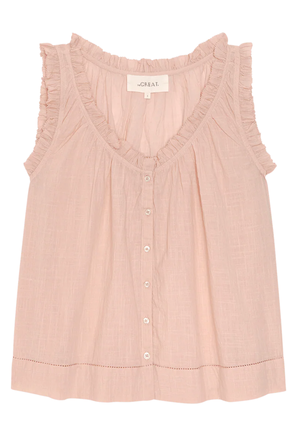 sleeveless pink button down top with ruffles on a white background
