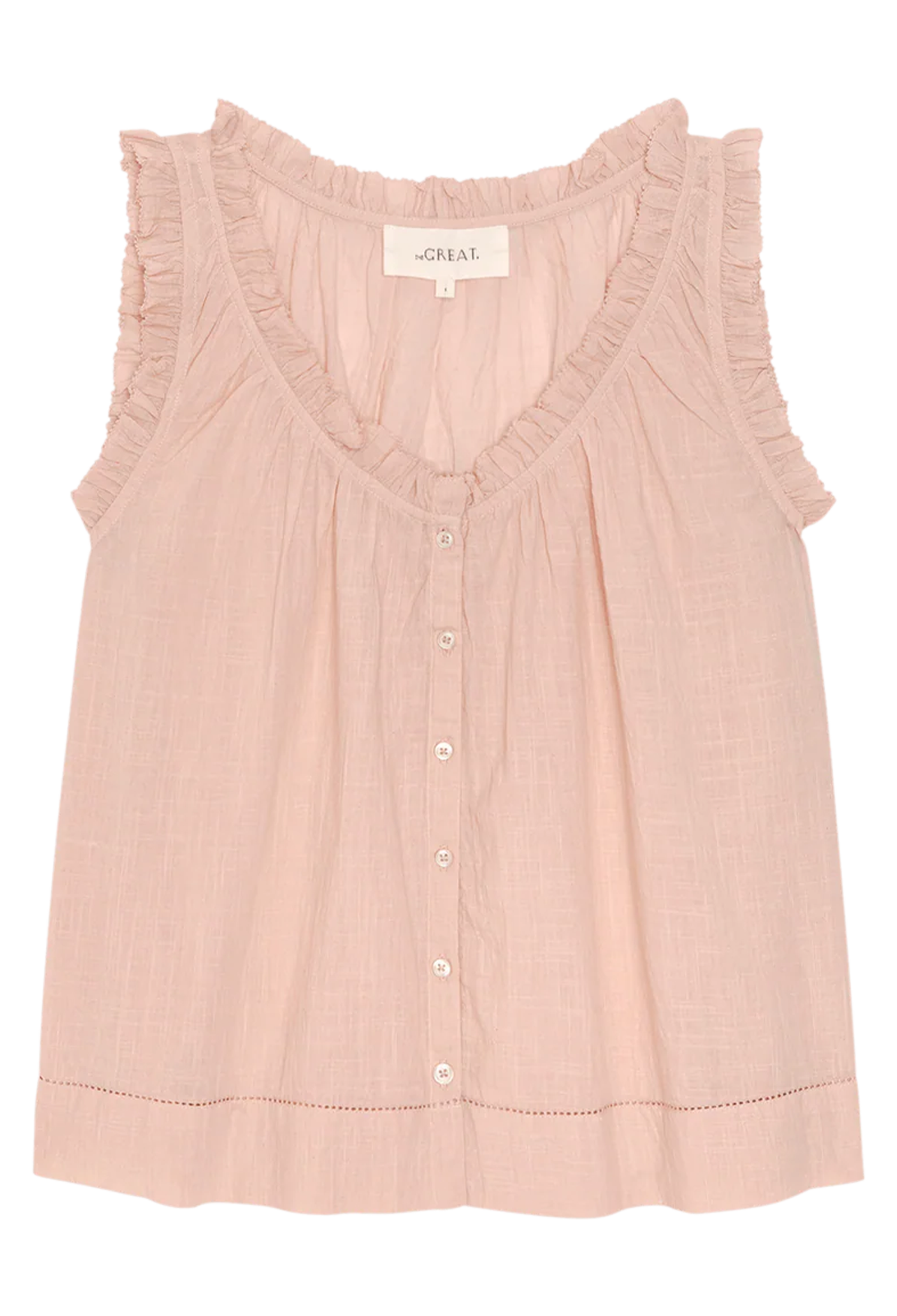 sleeveless pink button down top with ruffles on a white background