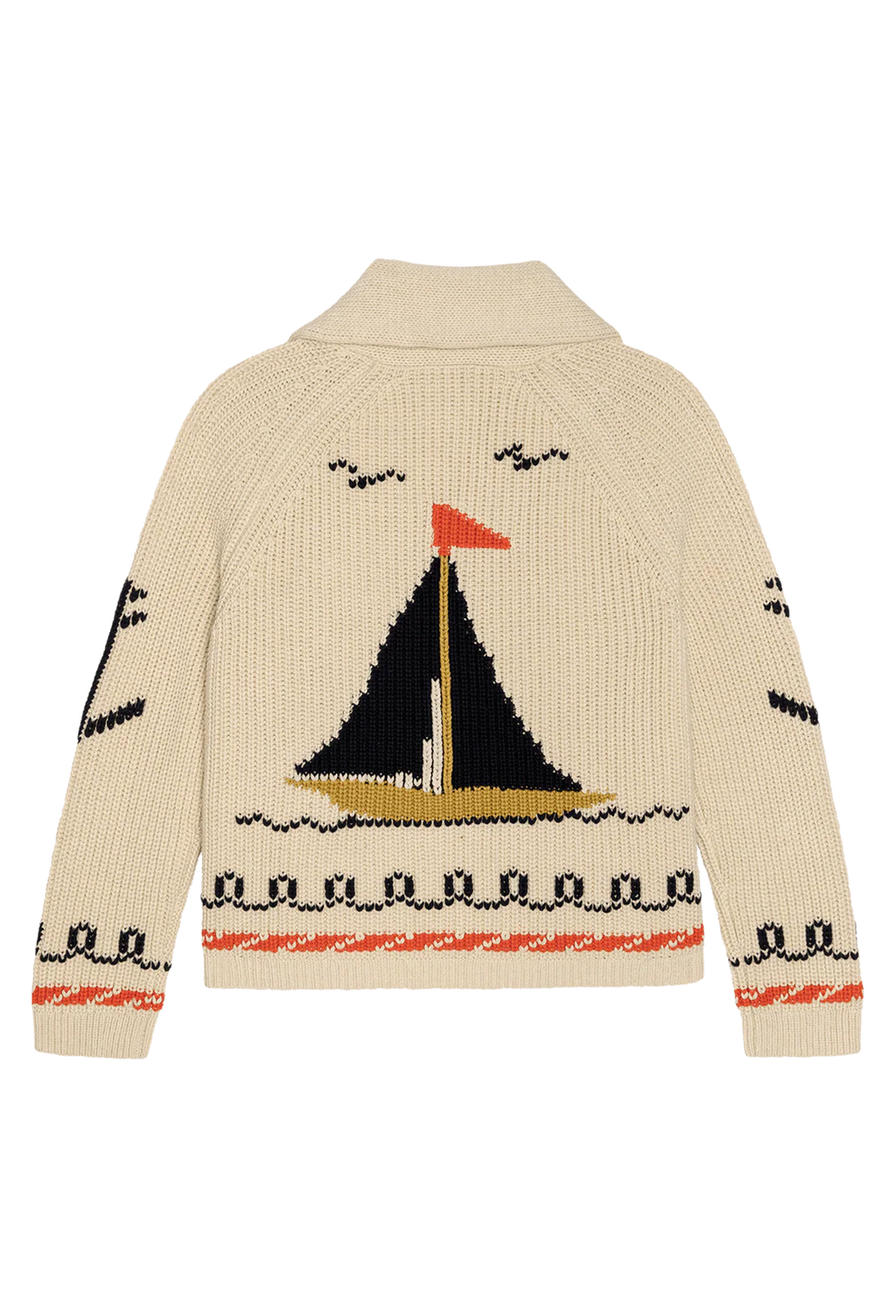 beige cardigan with embroidered sailboat motifs on a white background