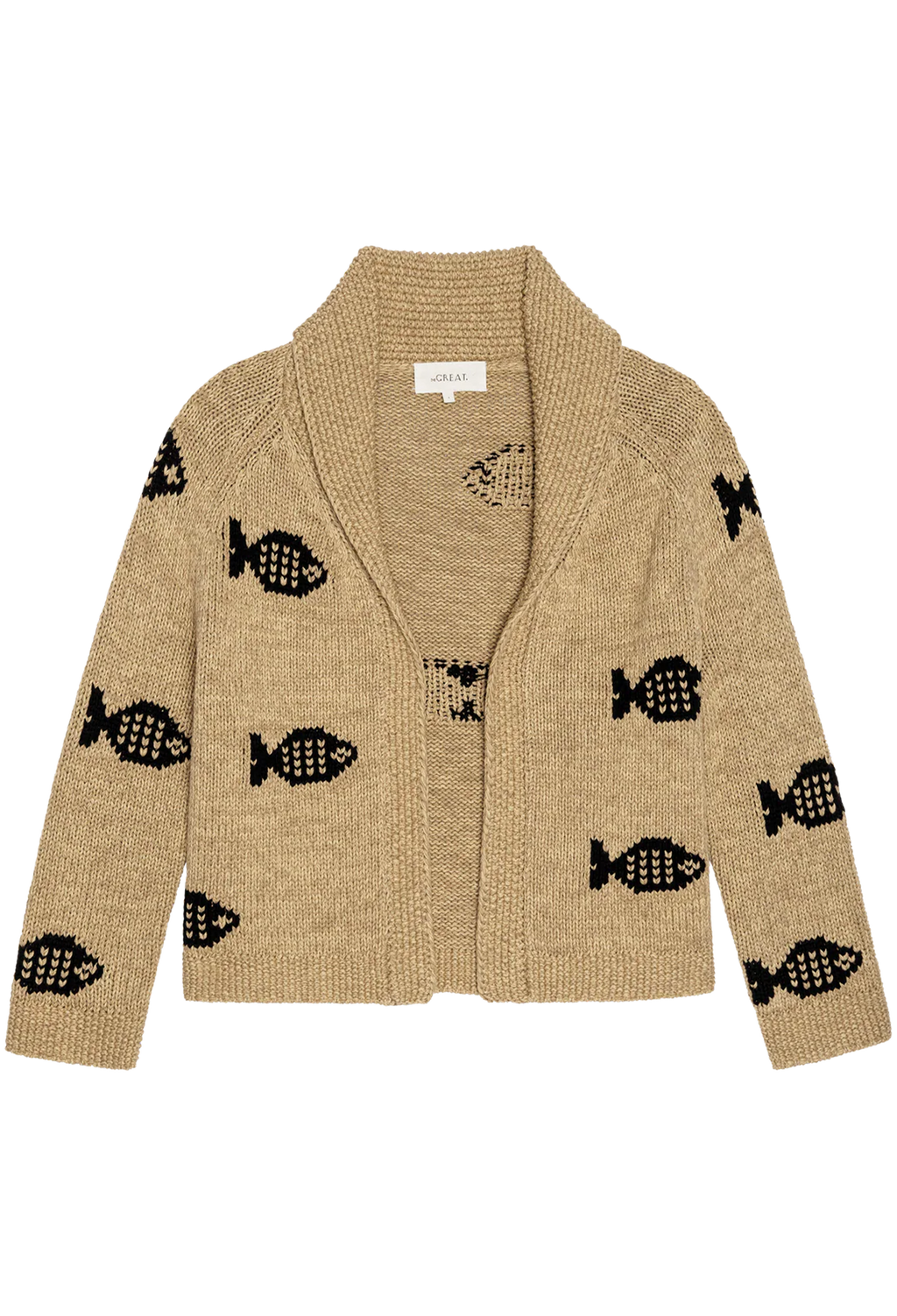 beige cardigan with embroidered fish motifs on a white background
