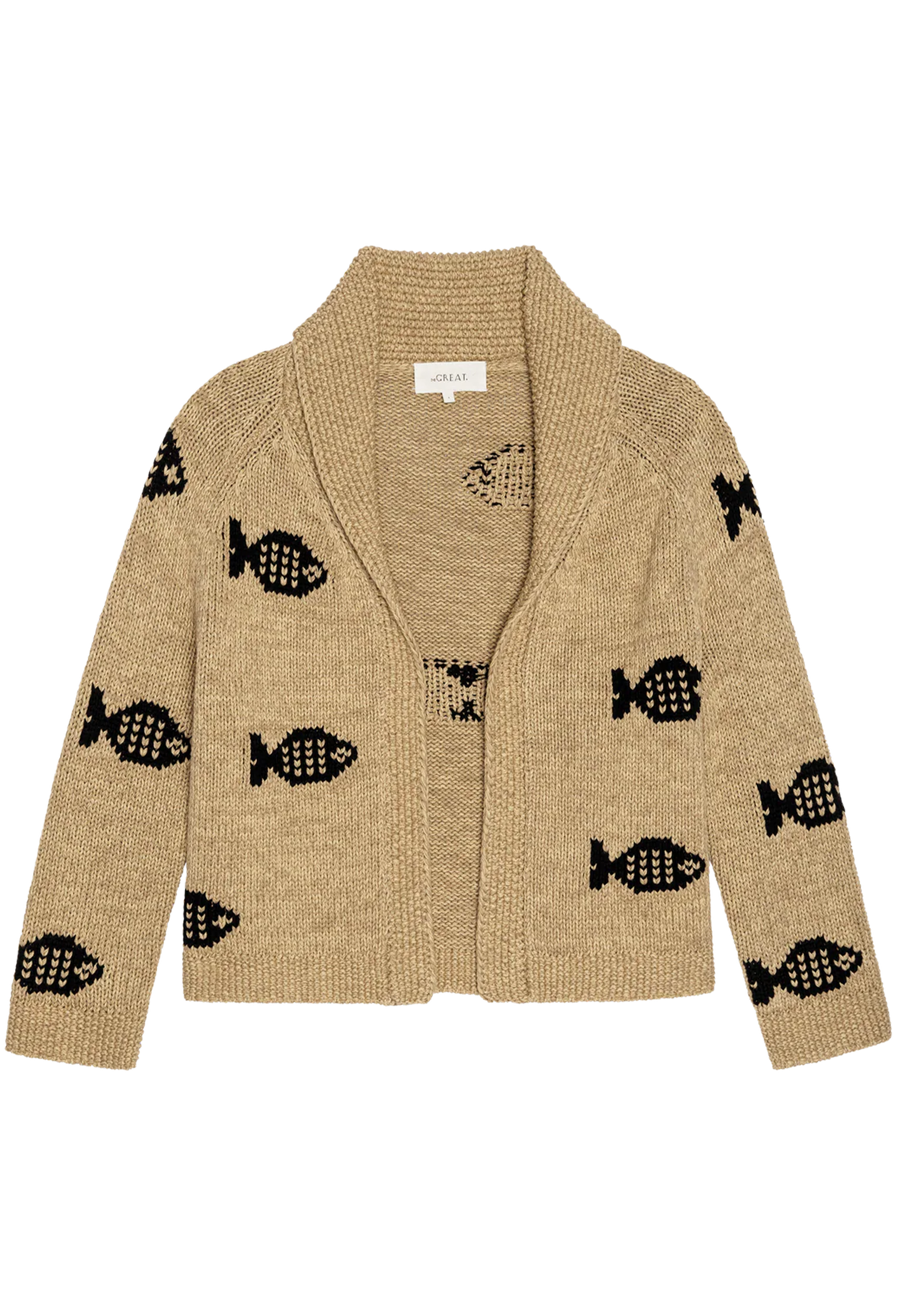 beige cardigan with embroidered fish motifs on a white background