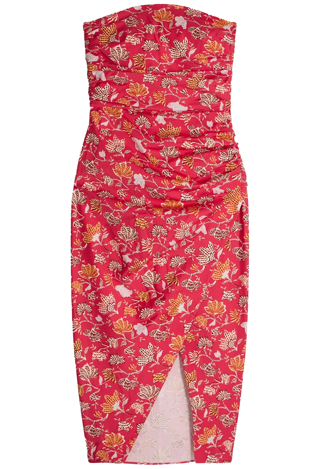 model wearing a floral red strapless dress with a front slit on a white background