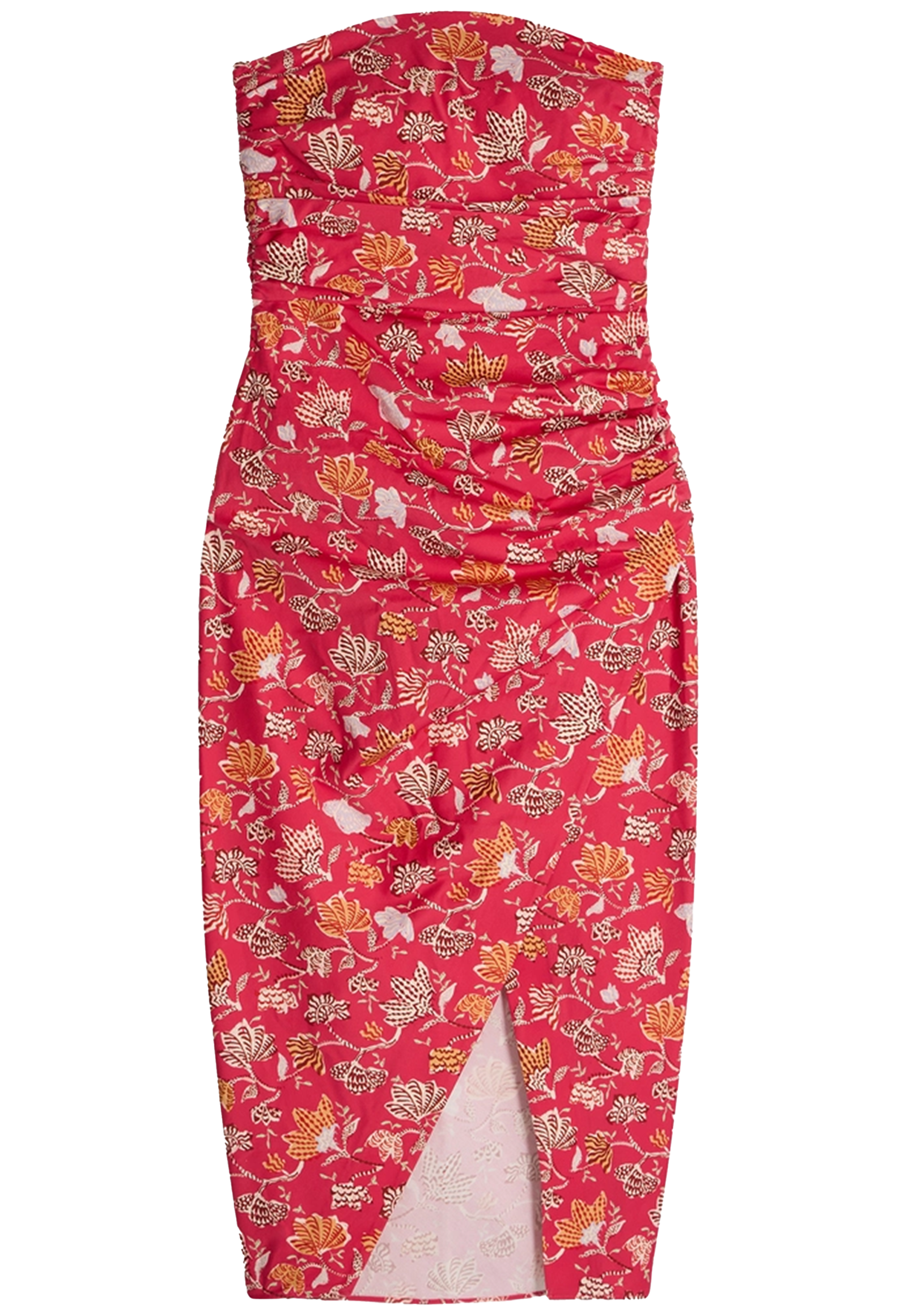 model wearing a floral red strapless dress with a front slit on a white background