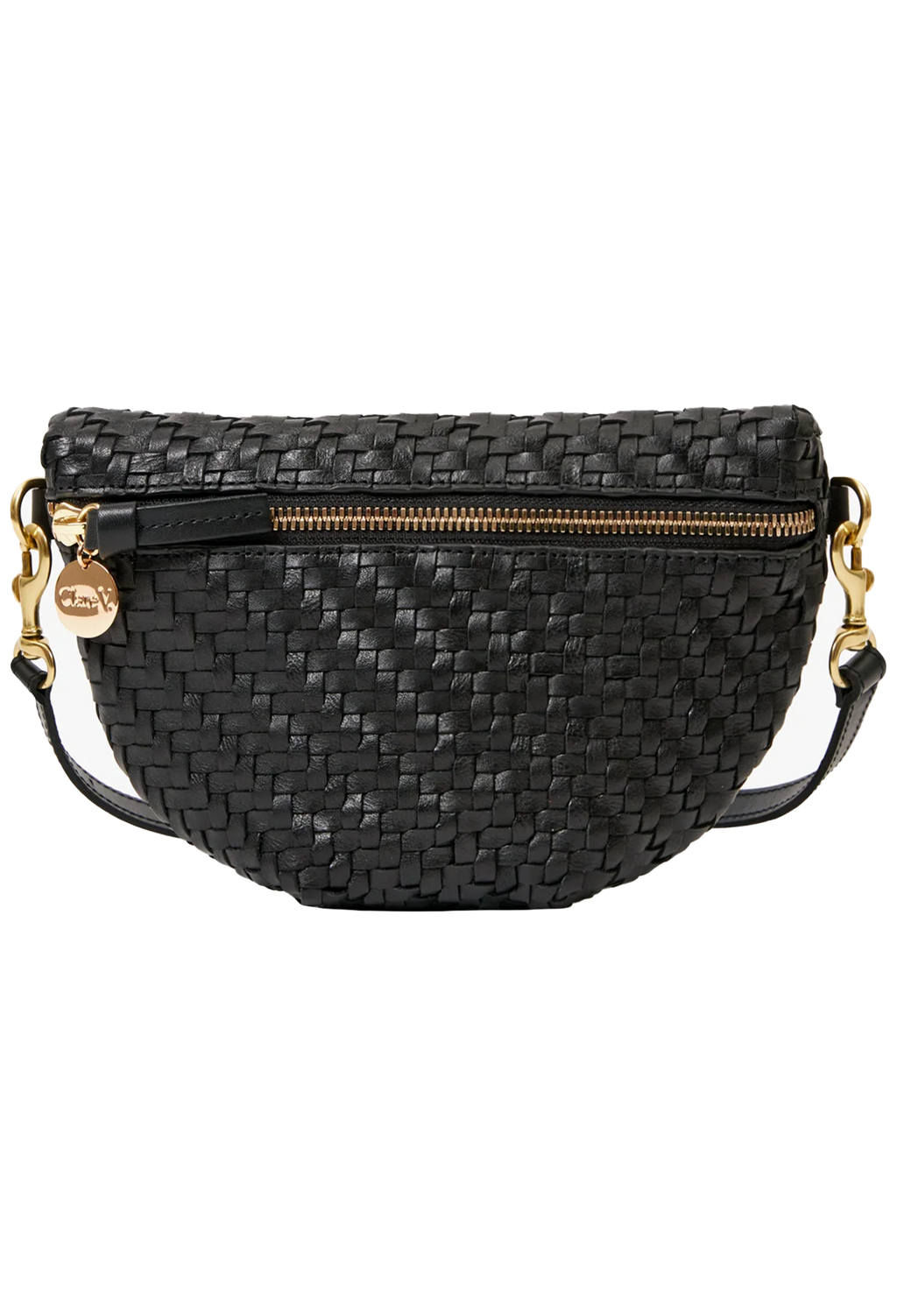 Black woven handbag with gold accents on a white background