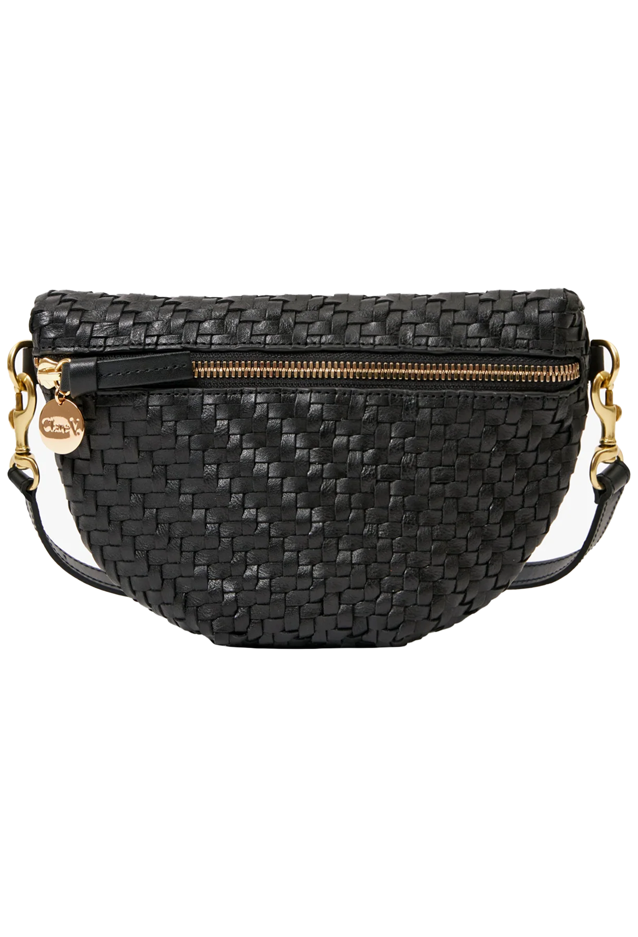 Black woven handbag with gold accents on a white background