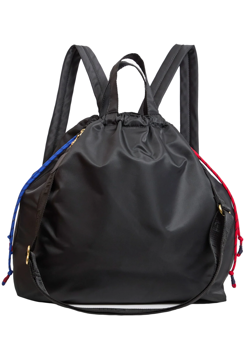 Black drawstring backpack on a white background