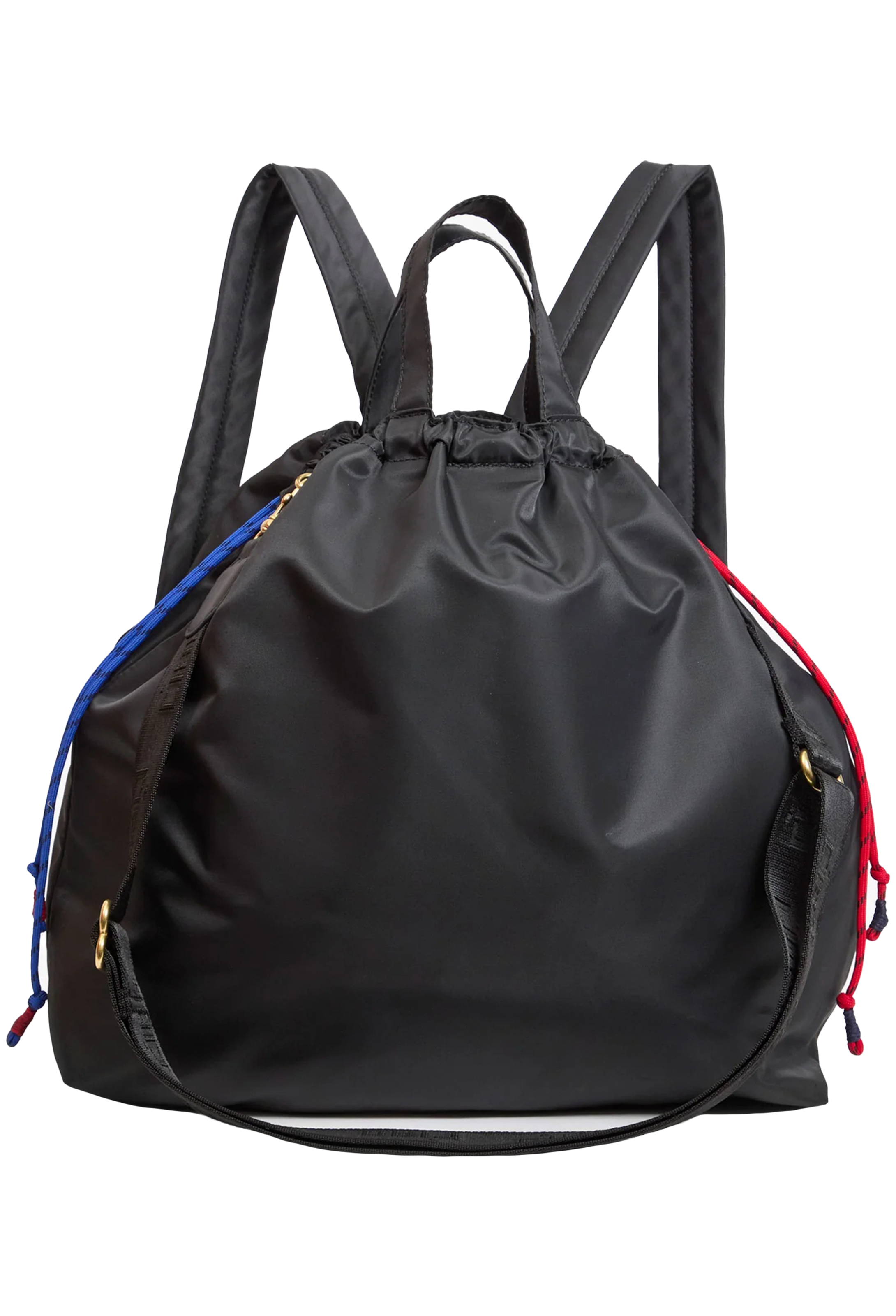 Black drawstring backpack on a white background