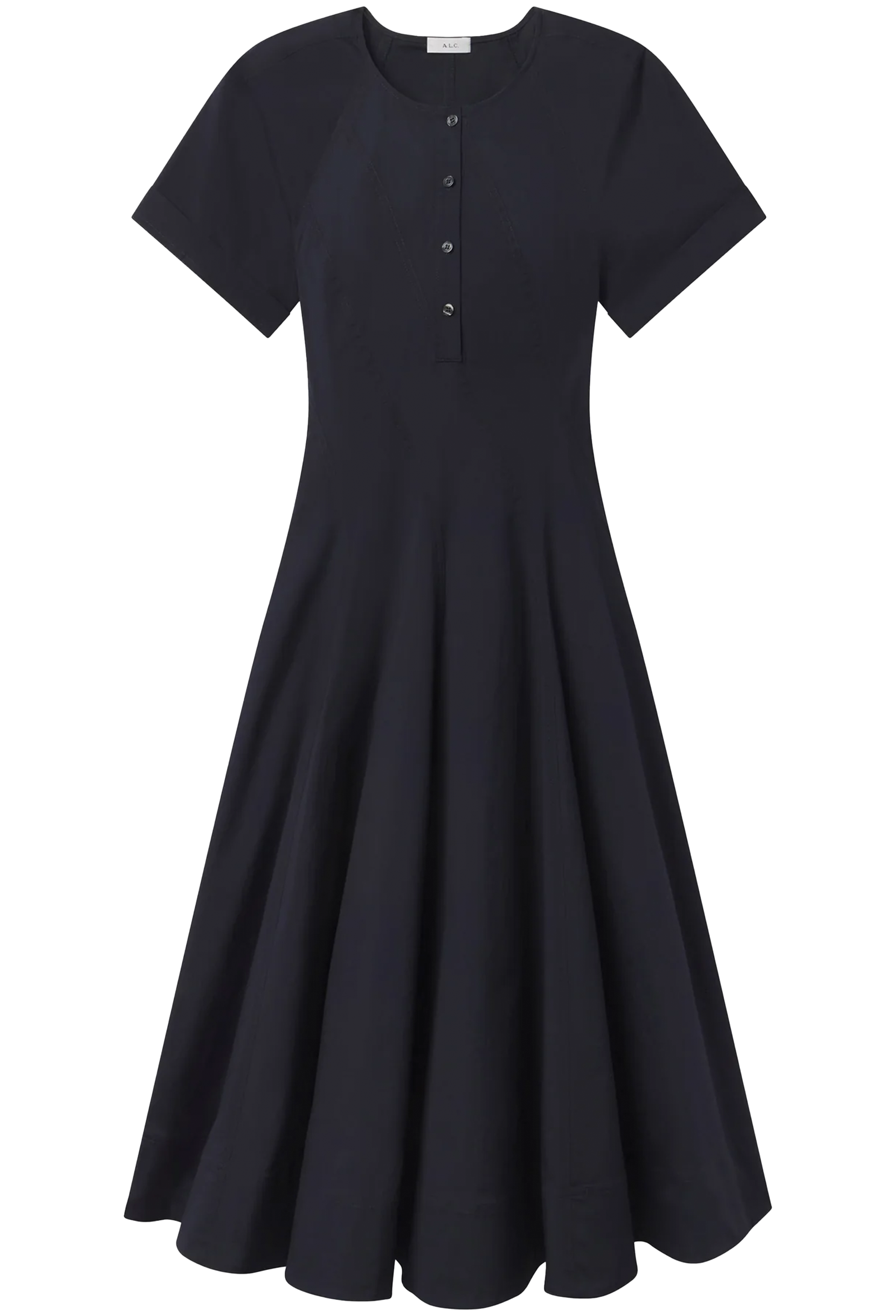 navy dress with short sleeves on a white background