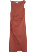 red dress with a draped design on a white background