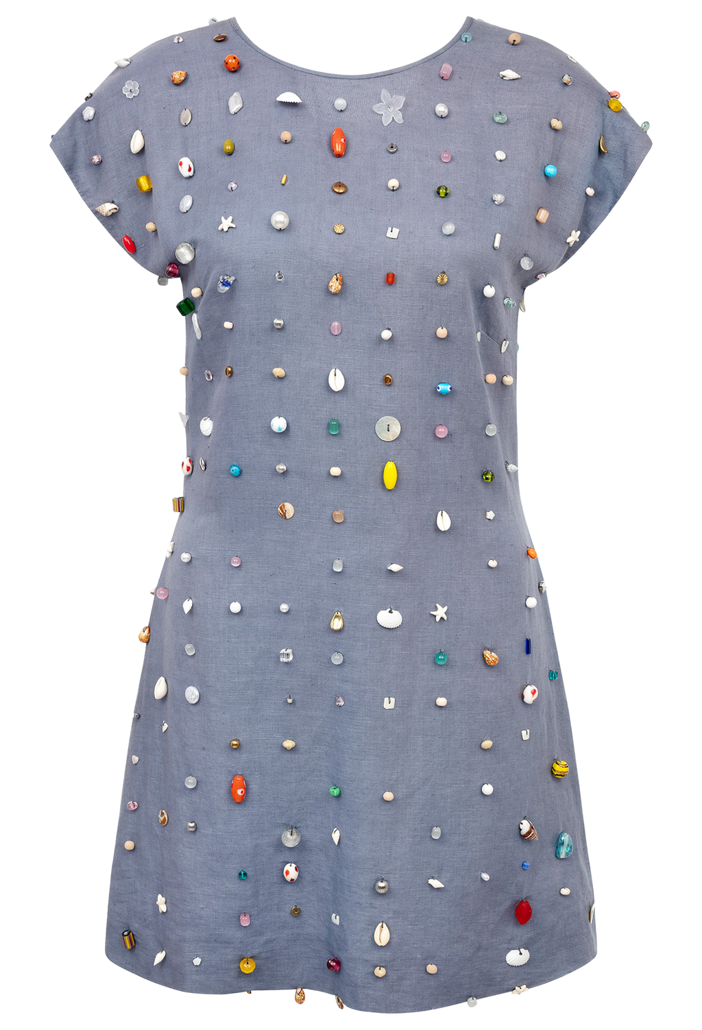 Blue dress with colorful embellishments on a white background