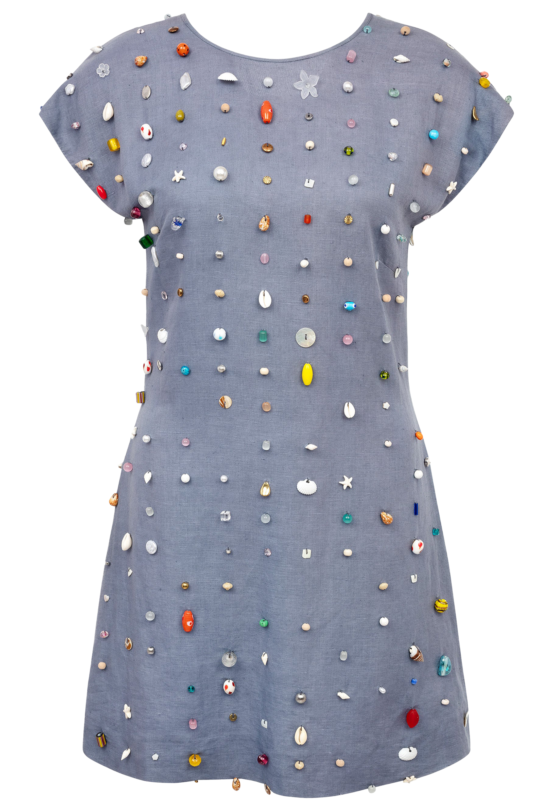 Blue dress with colorful embellishments on a white background