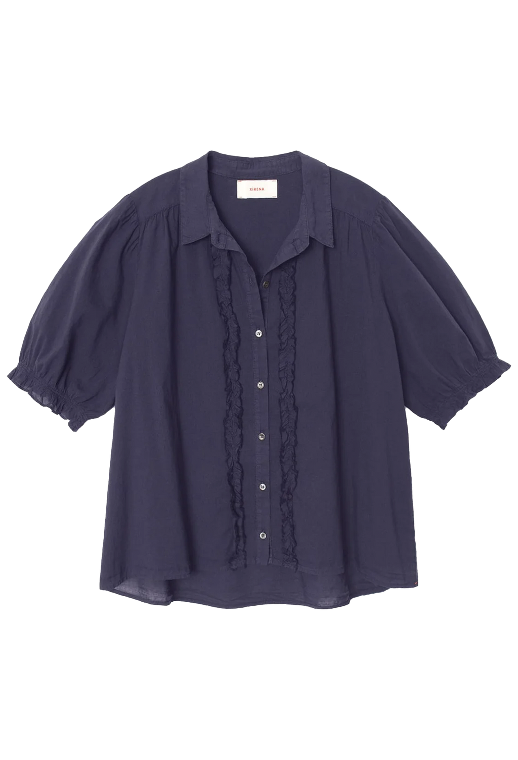 Navy blue blouse with ruffled details on a white background