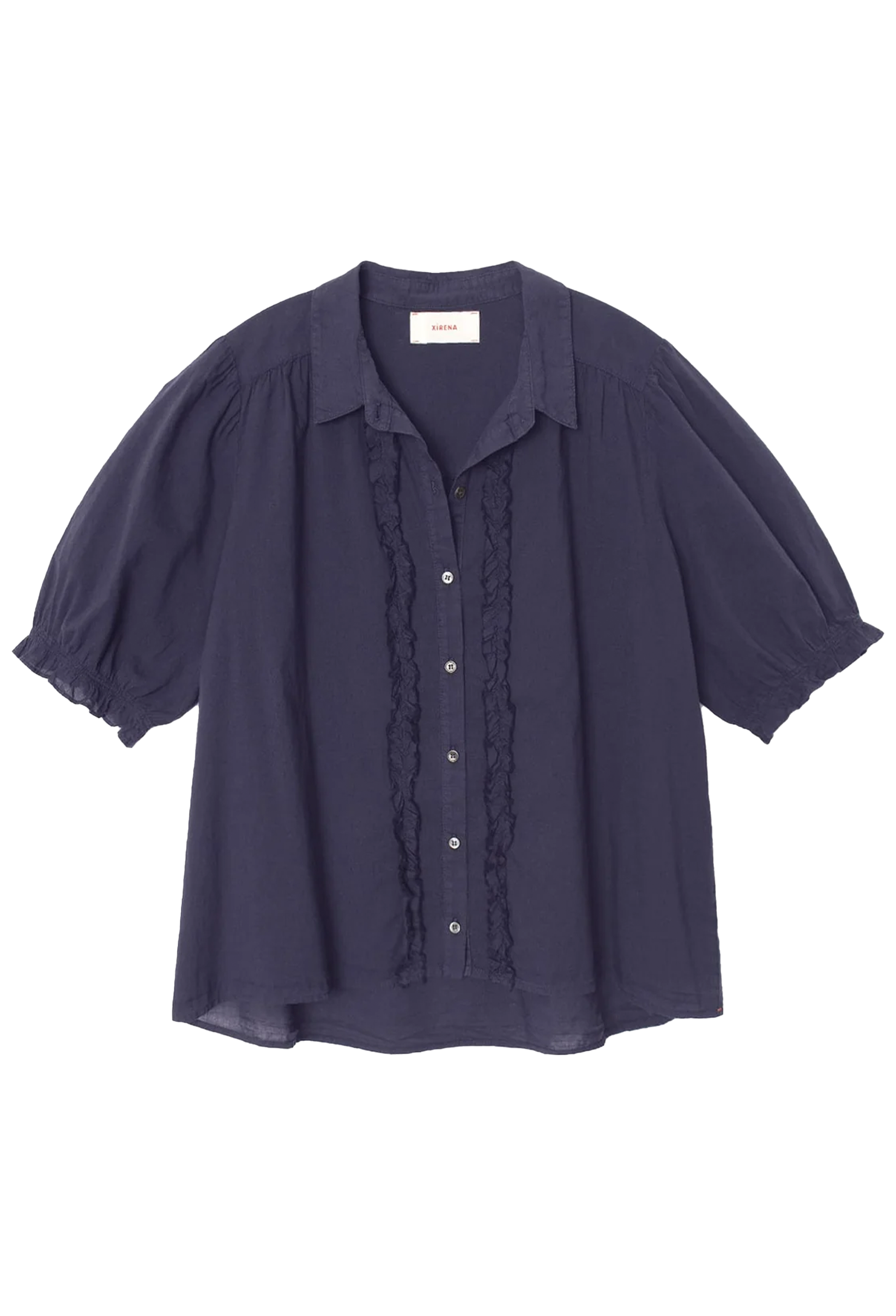 Navy blue blouse with ruffled details on a white background