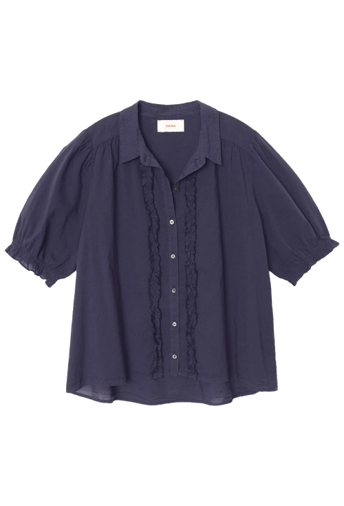 Navy blue blouse with ruffled details on a white background