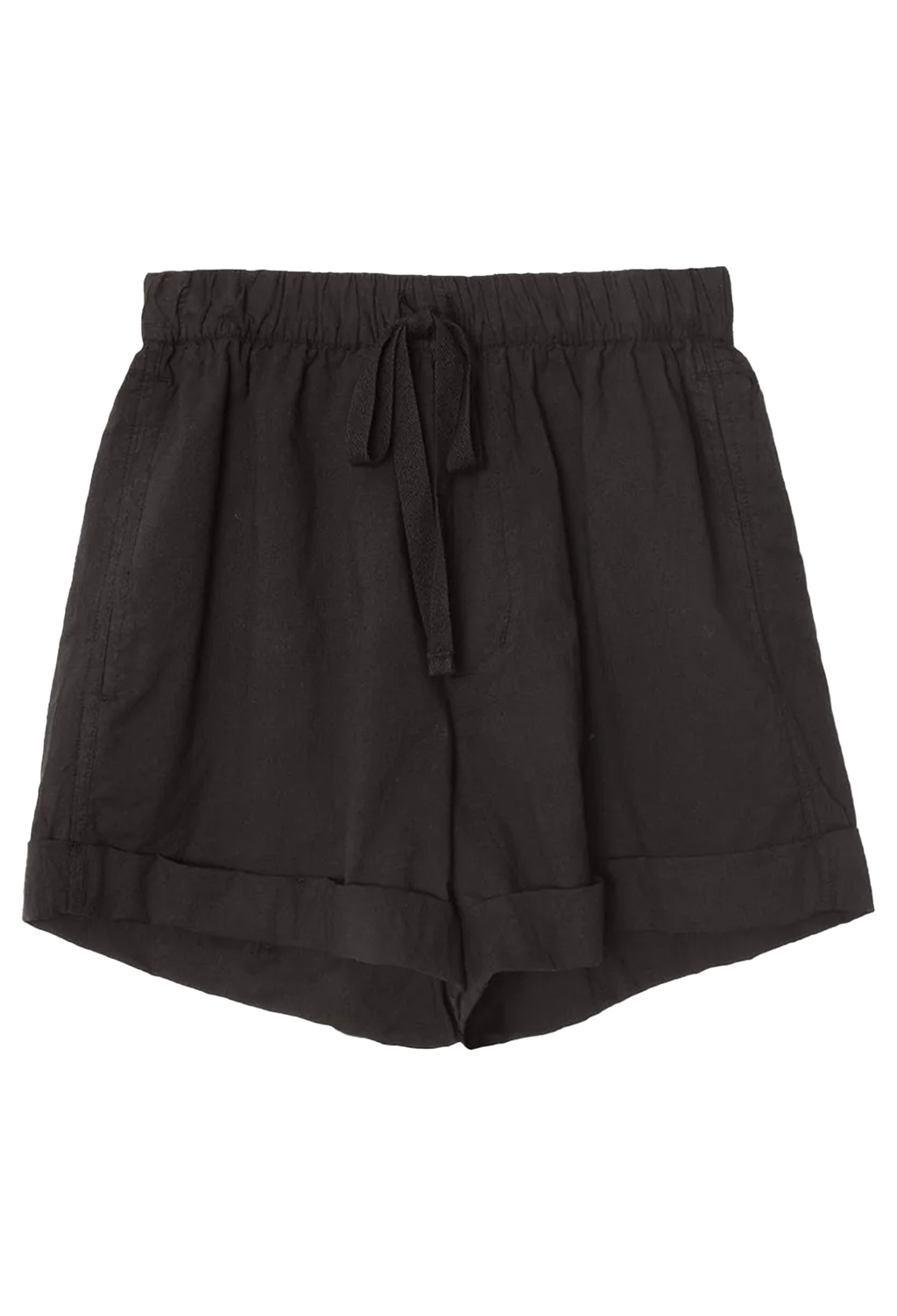 Black shorts with drawstring on a white background