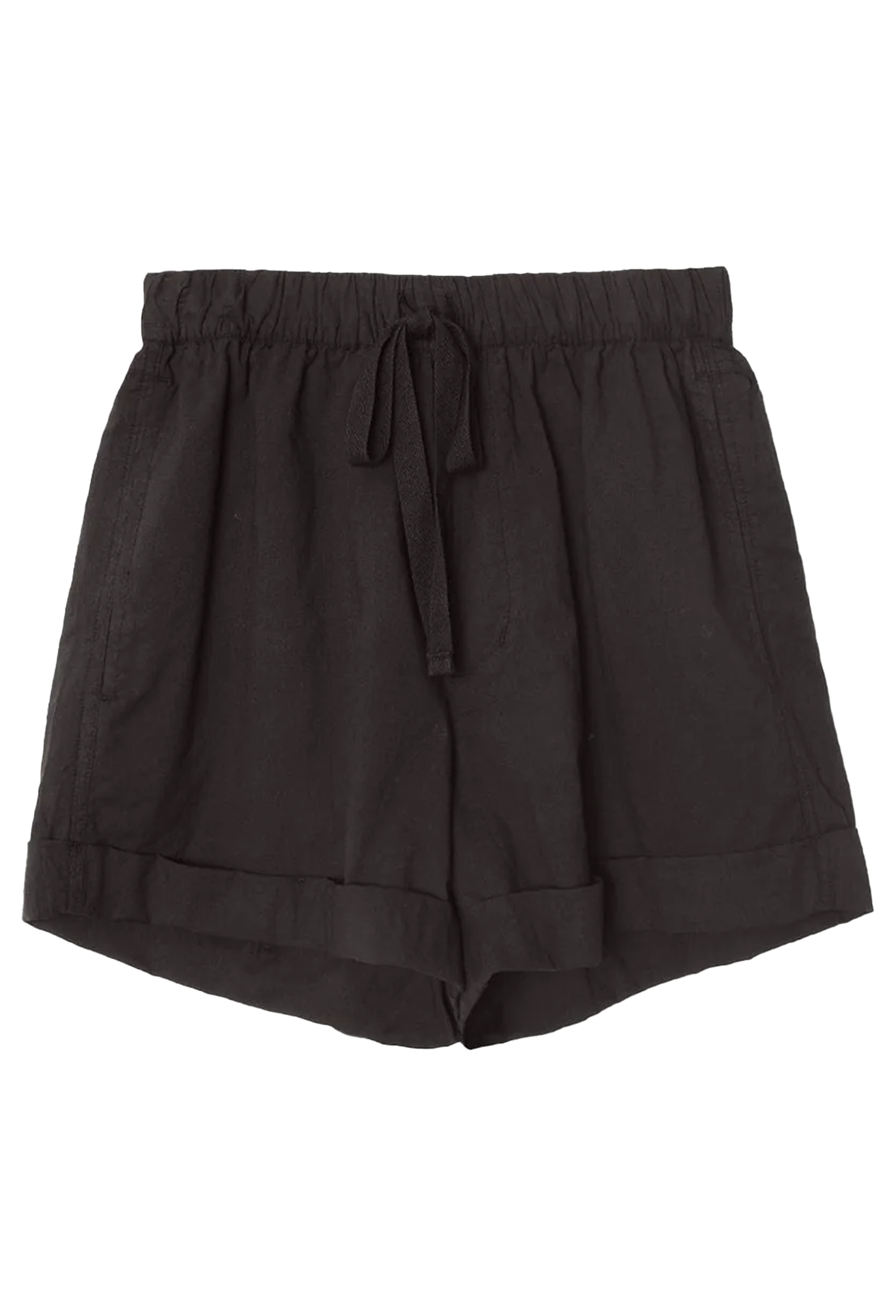 Black shorts with drawstring on a white background