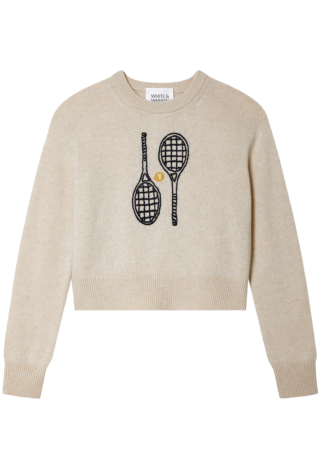 Beige sweater with tennis racket design on a white background