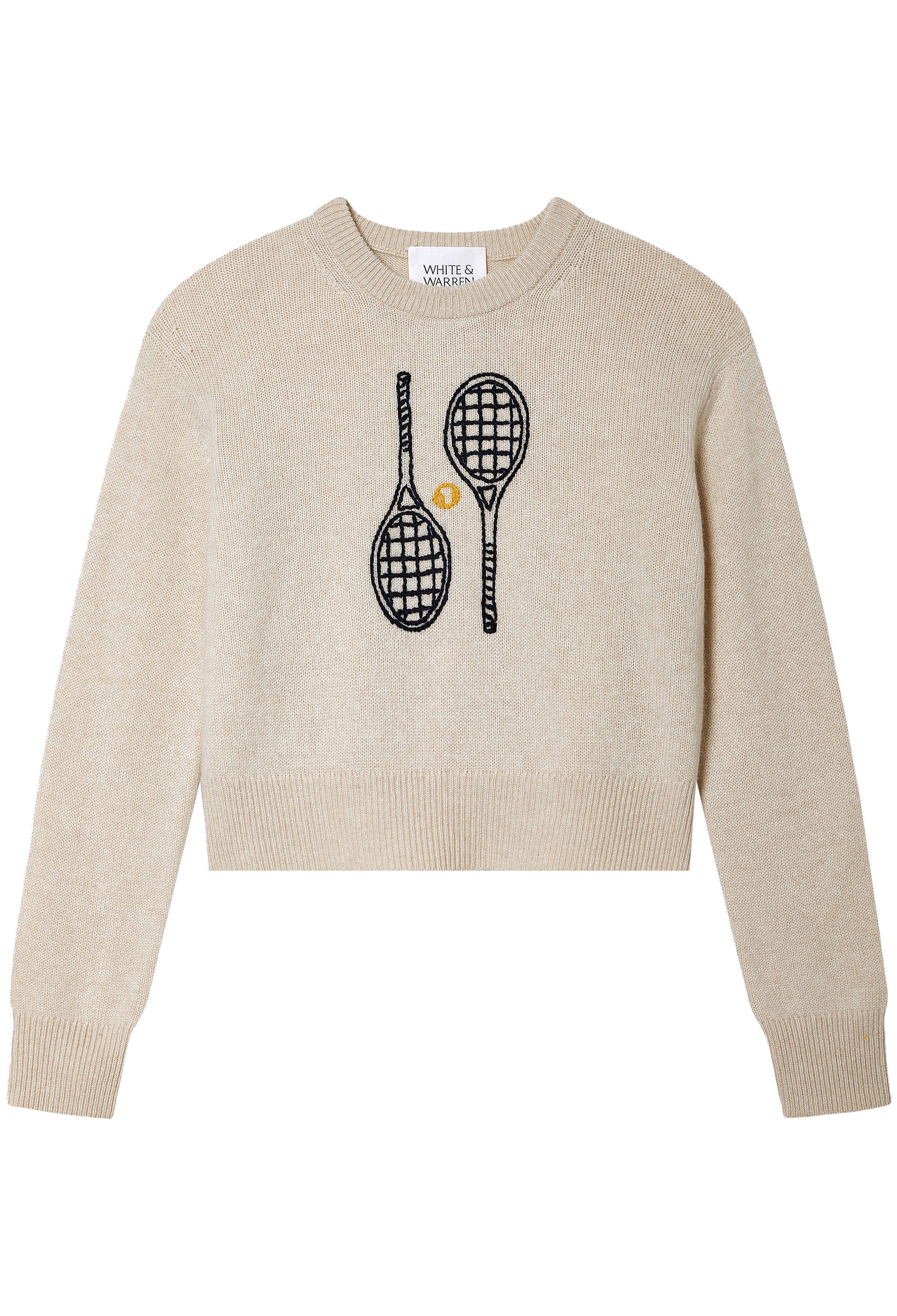 Beige sweater with tennis racket design on a white background