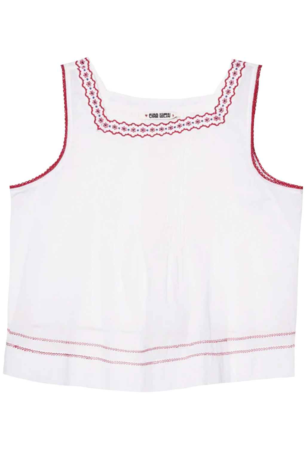 White tank top with red trim on a white background