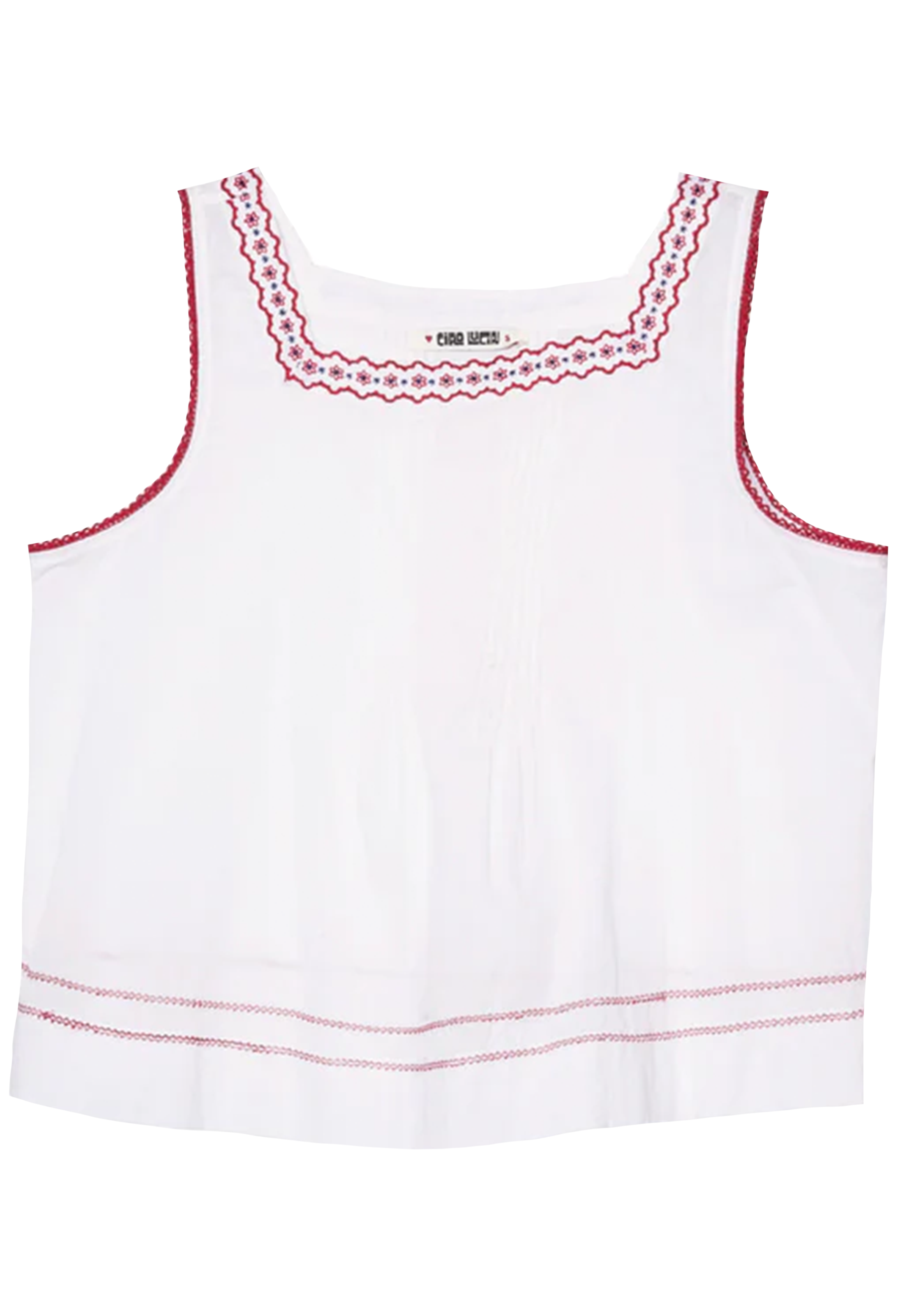 White tank top with red trim on a white background
