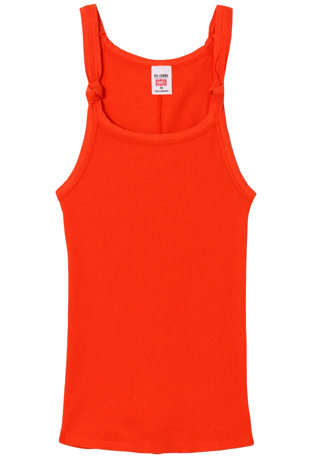 Red tank top with a visible brand label on a white background