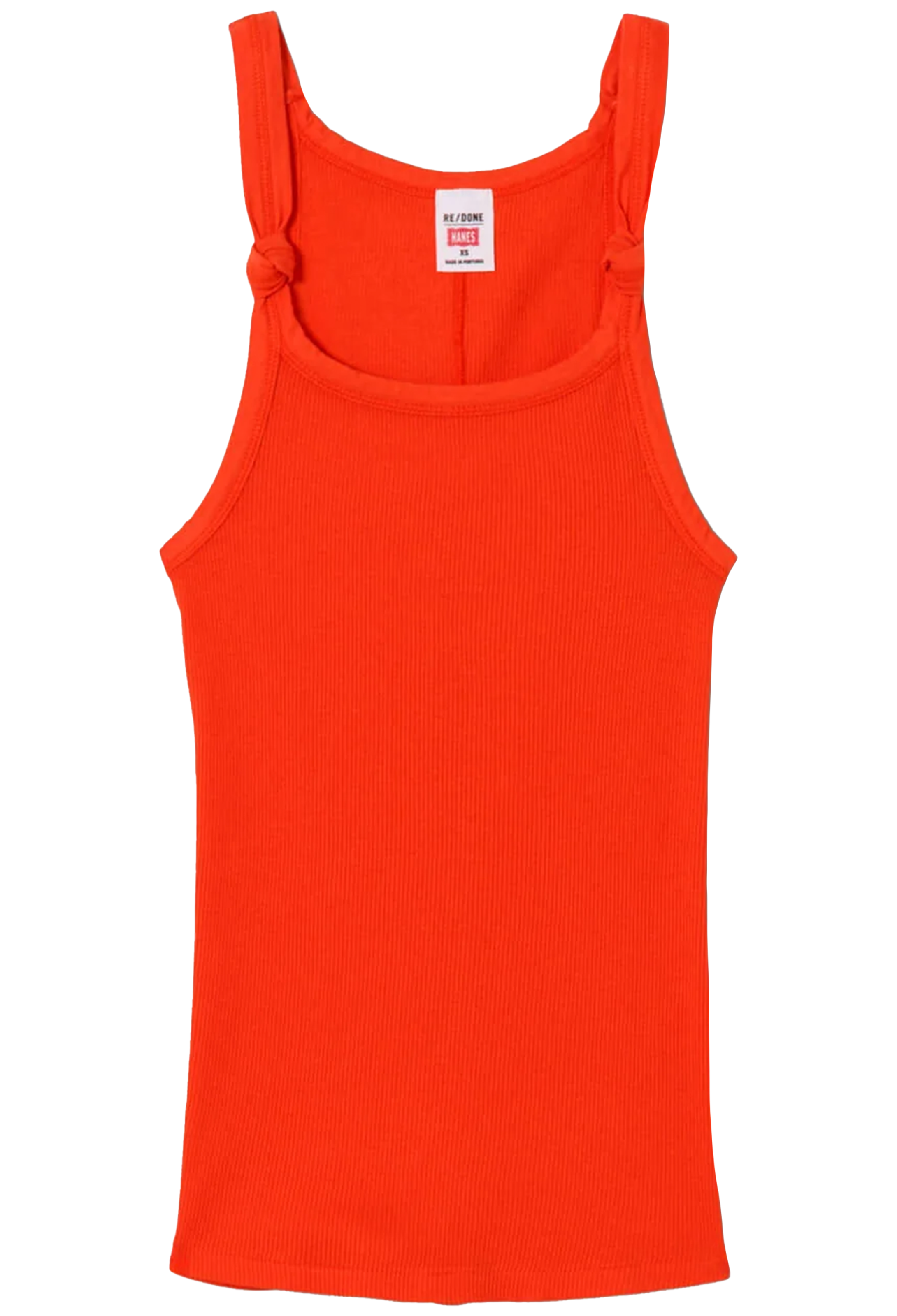 Red tank top with a visible brand label on a white background