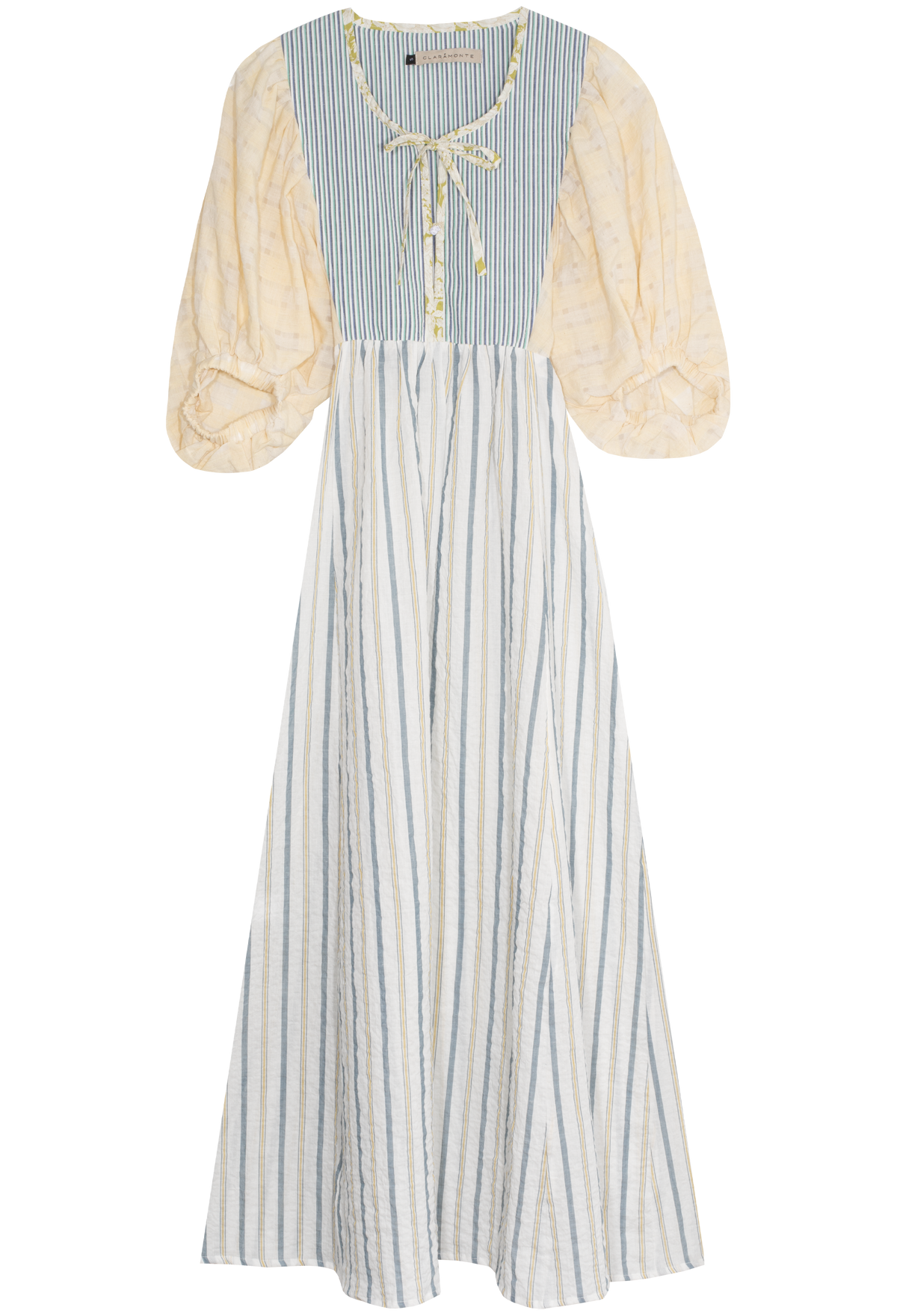 Striped dress with long sleeves and a fitted bodice on a transparent background
