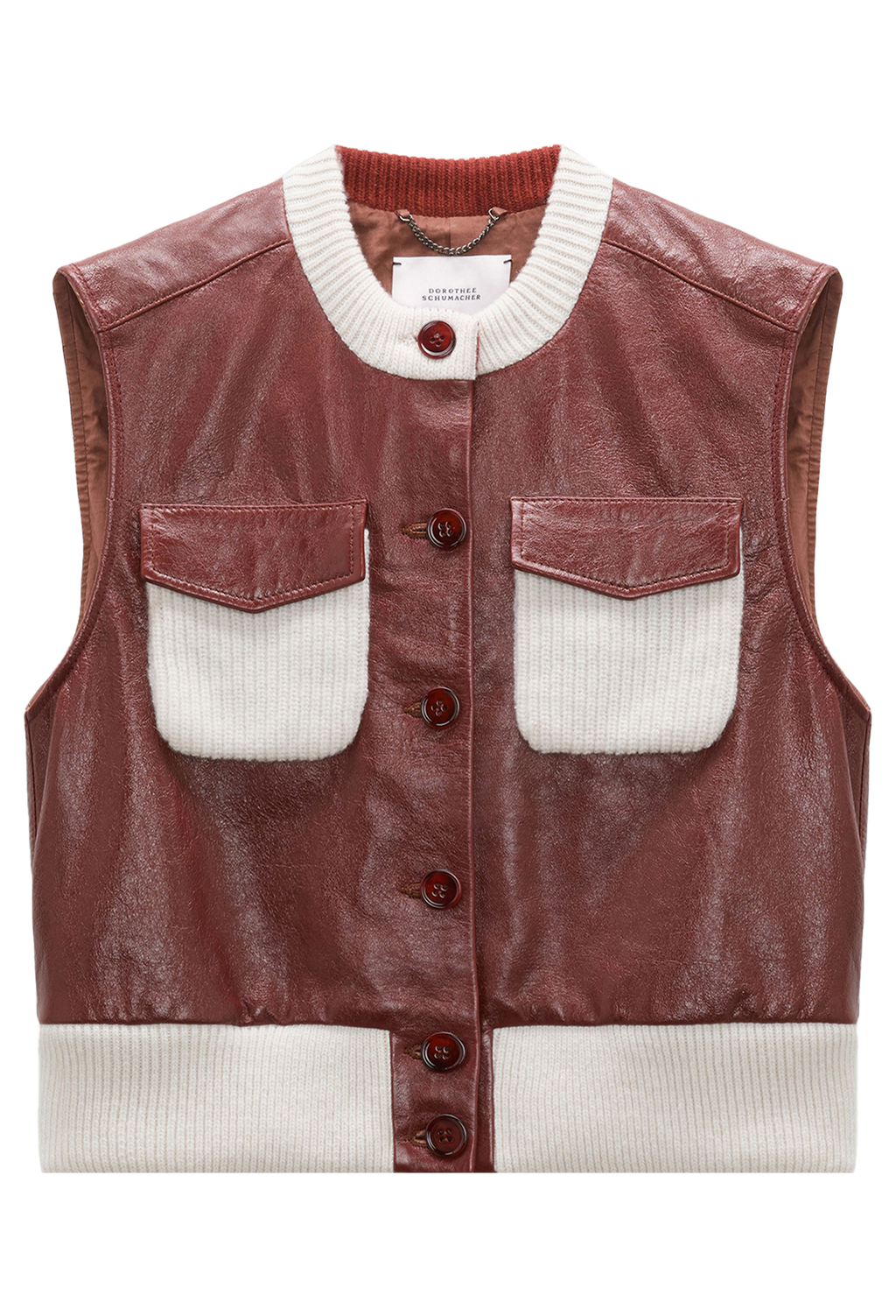 Brown leather vest with white collar and inner lining on a transparent background