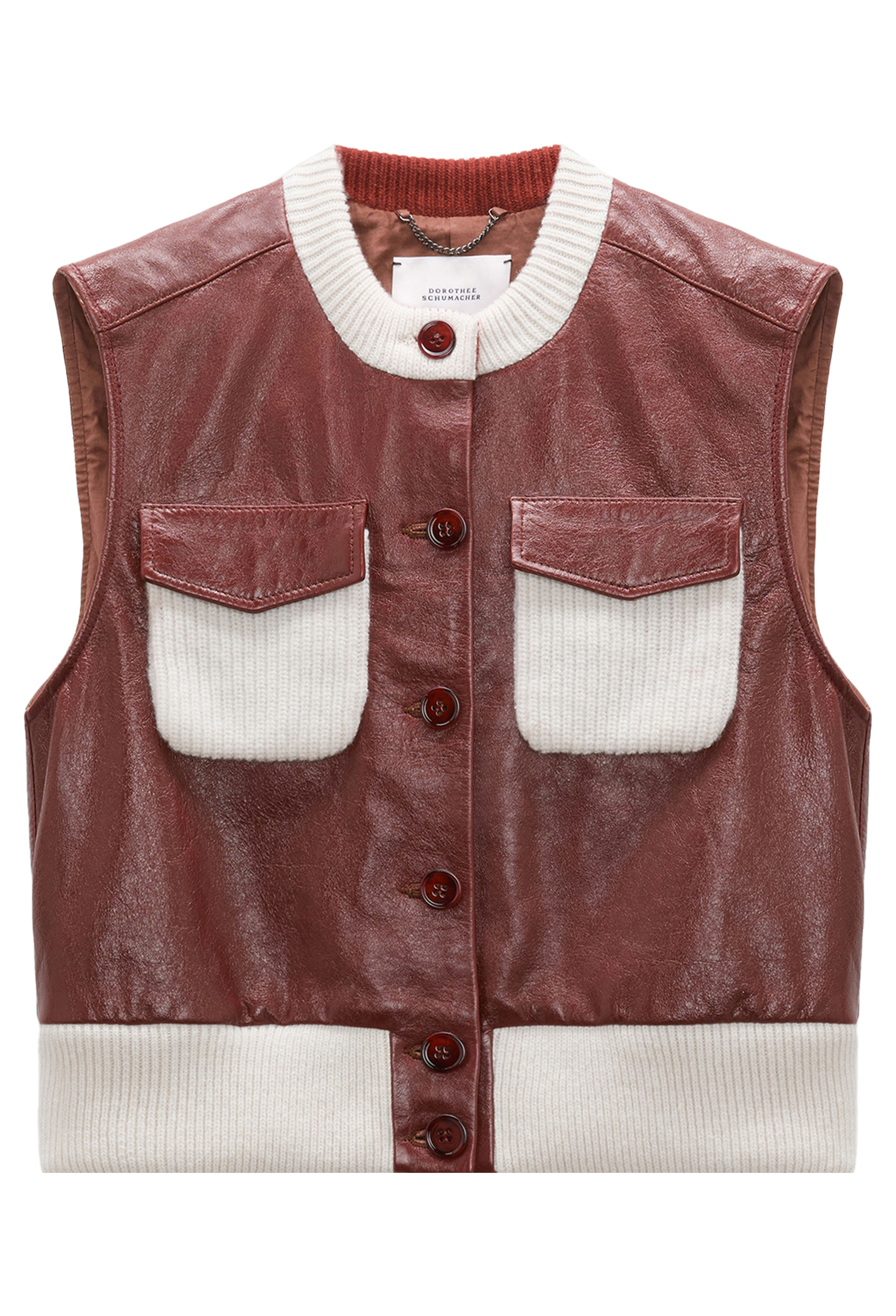 Brown leather vest with white collar and inner lining on a transparent background