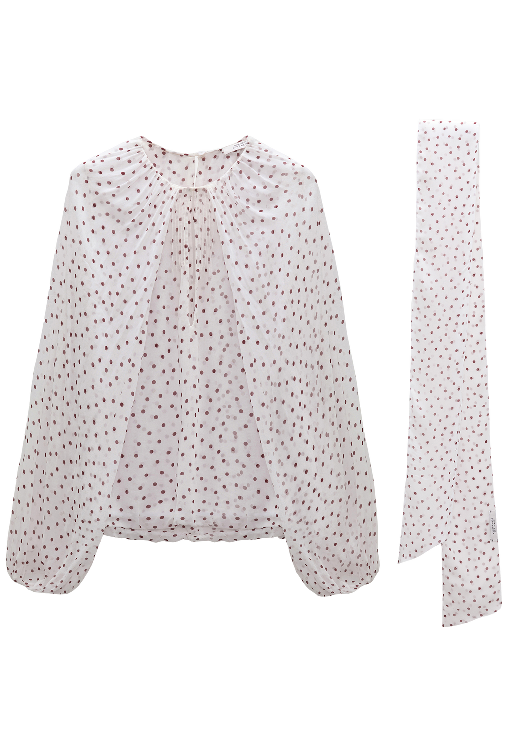 White blouse with red polka dot pattern and matching scarf on a white background
