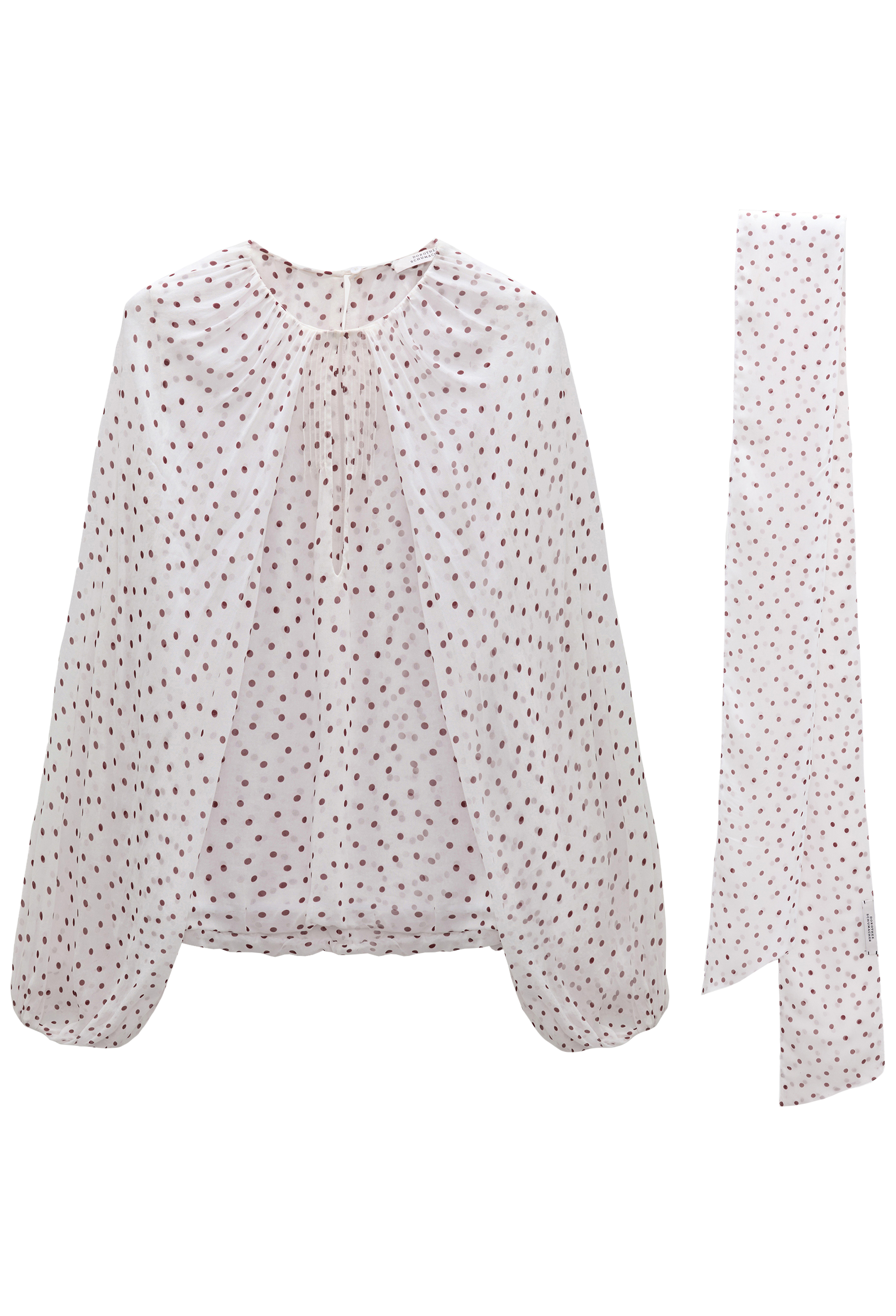 White blouse with red polka dot pattern and matching scarf on a white background