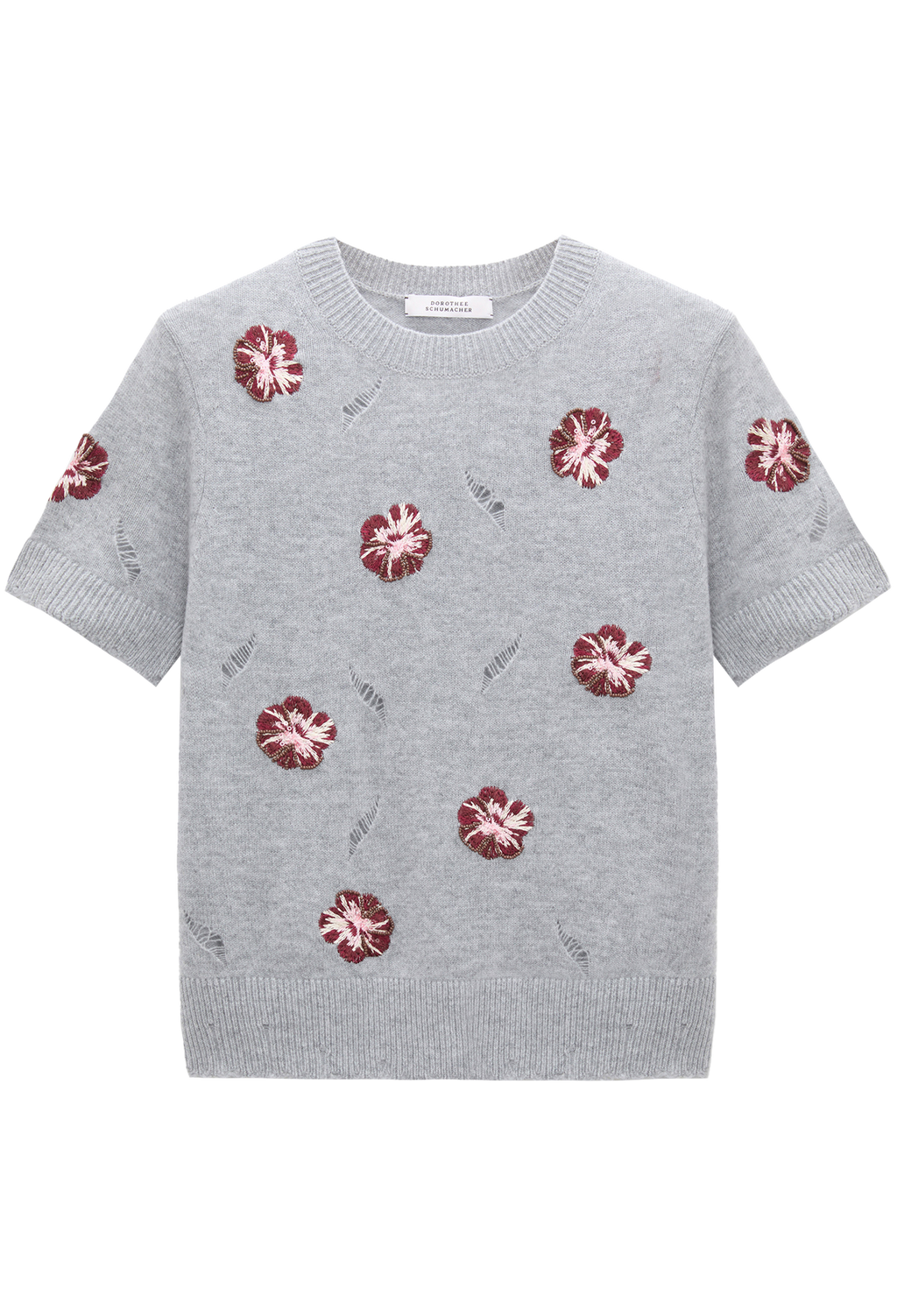 Gray sweater with red floral patterns on a white background