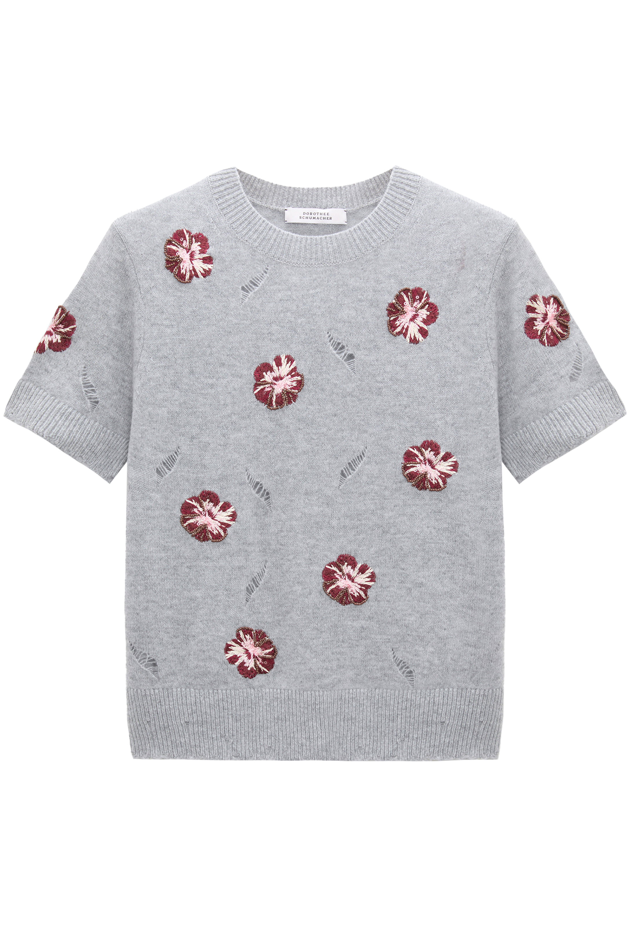 Gray sweater with red floral patterns on a white background