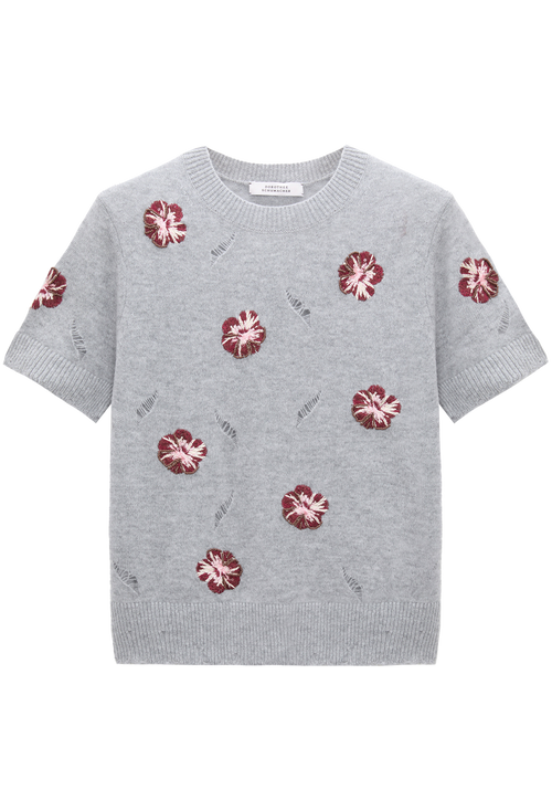 Gray sweater with red floral patterns on a white background