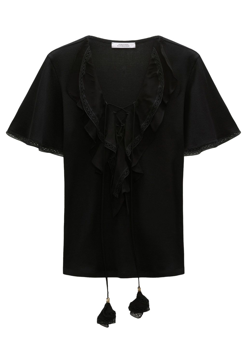 Black blouse with ruffled details on a white background
