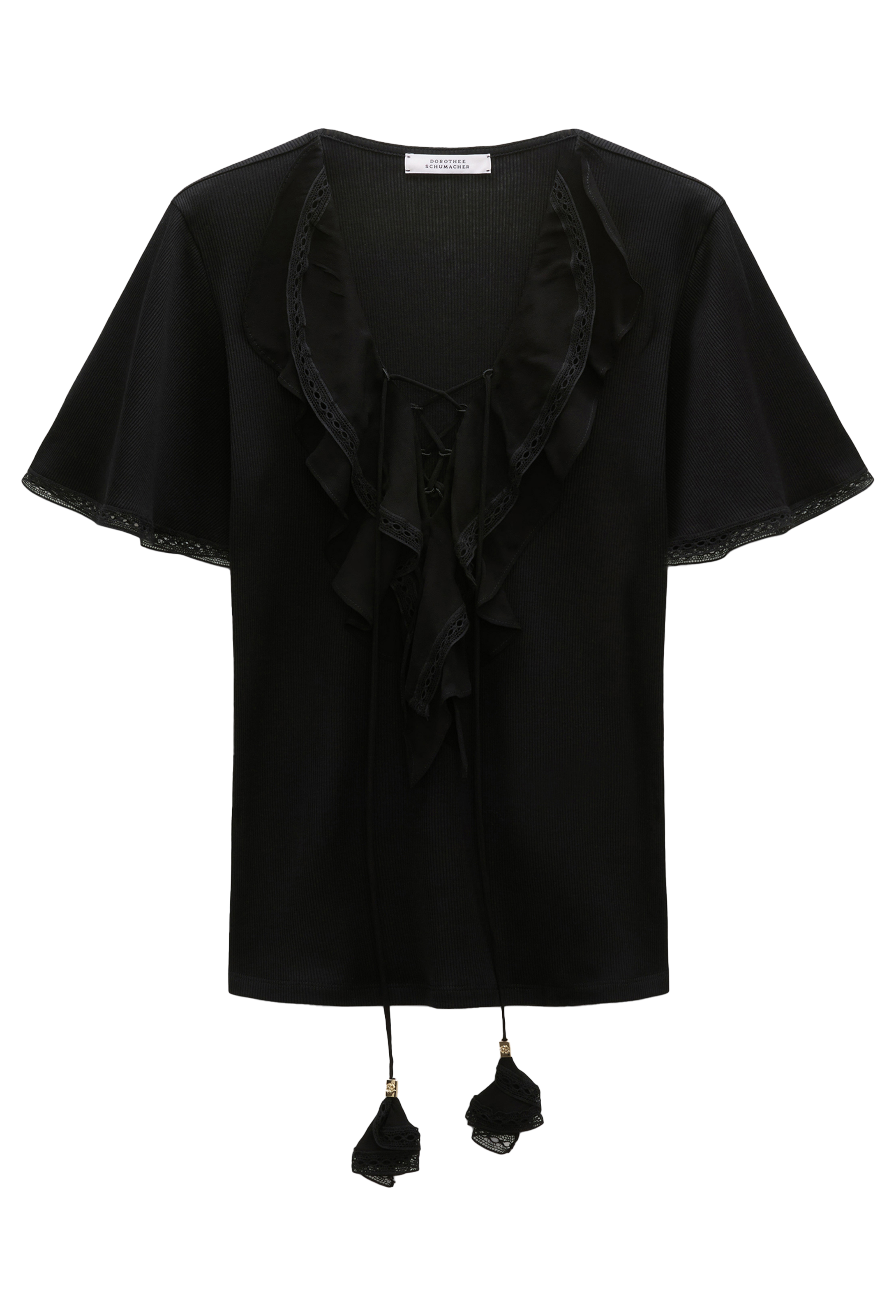 Black blouse with ruffled details on a white background
