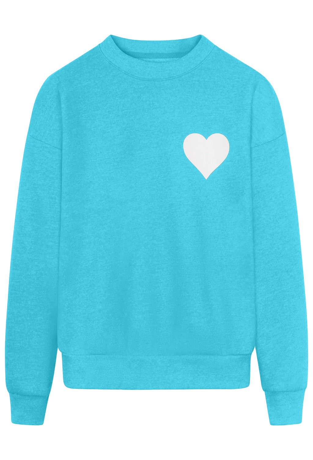 Turquoise sweatshirt with a white heart on a white background
