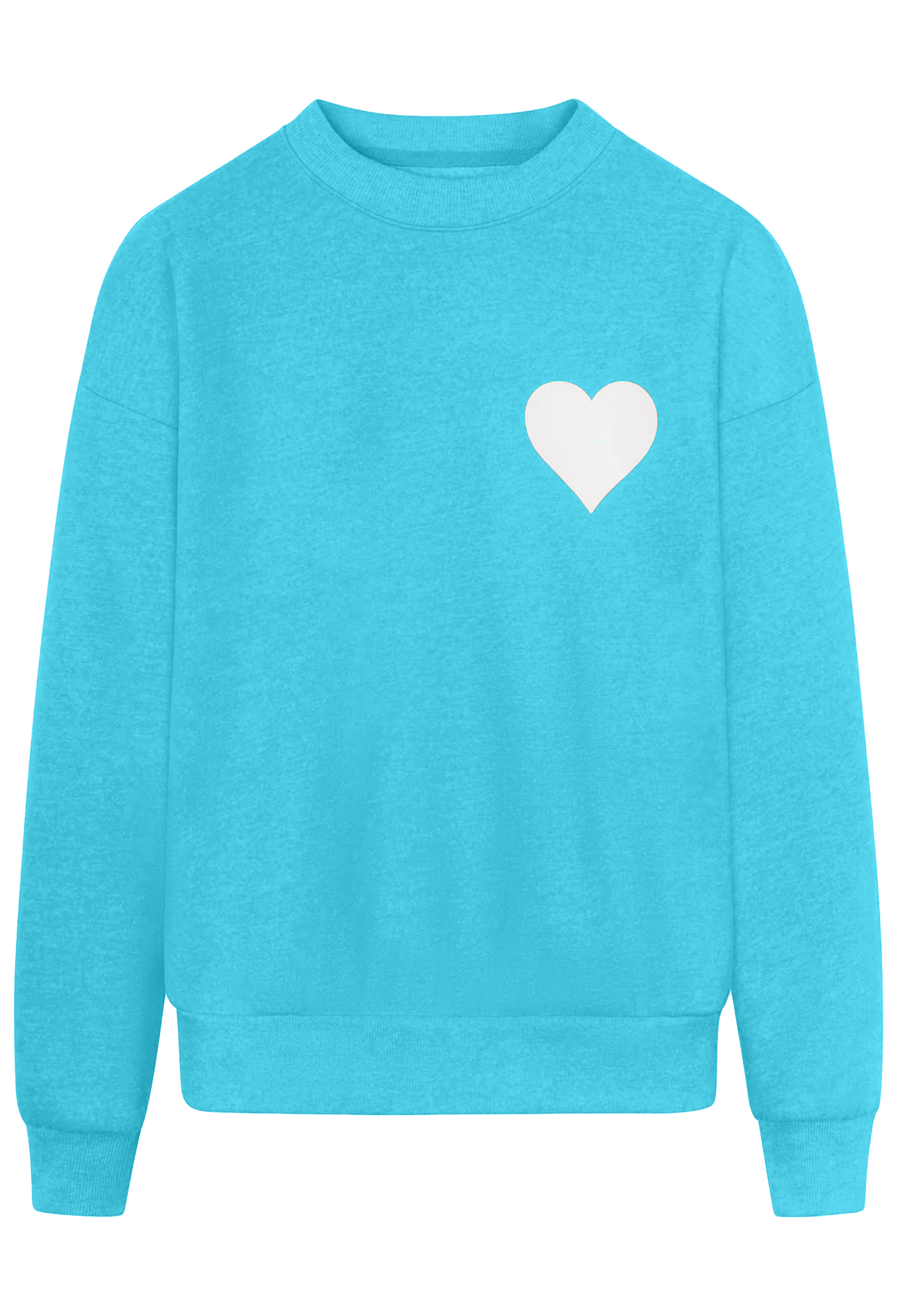 Turquoise sweatshirt with a white heart on a white background