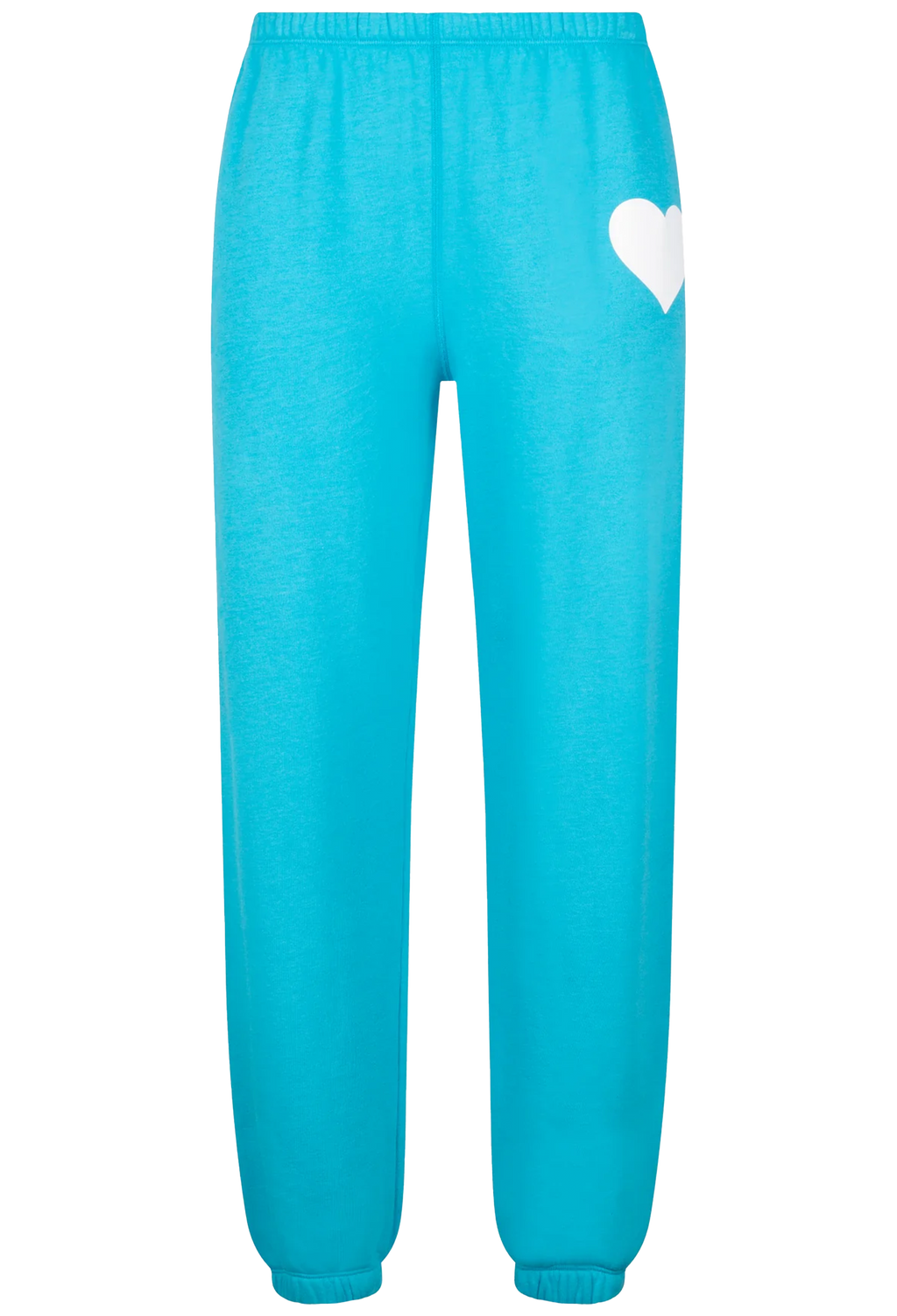 Turquoise sweatpants with a heart design on a white background